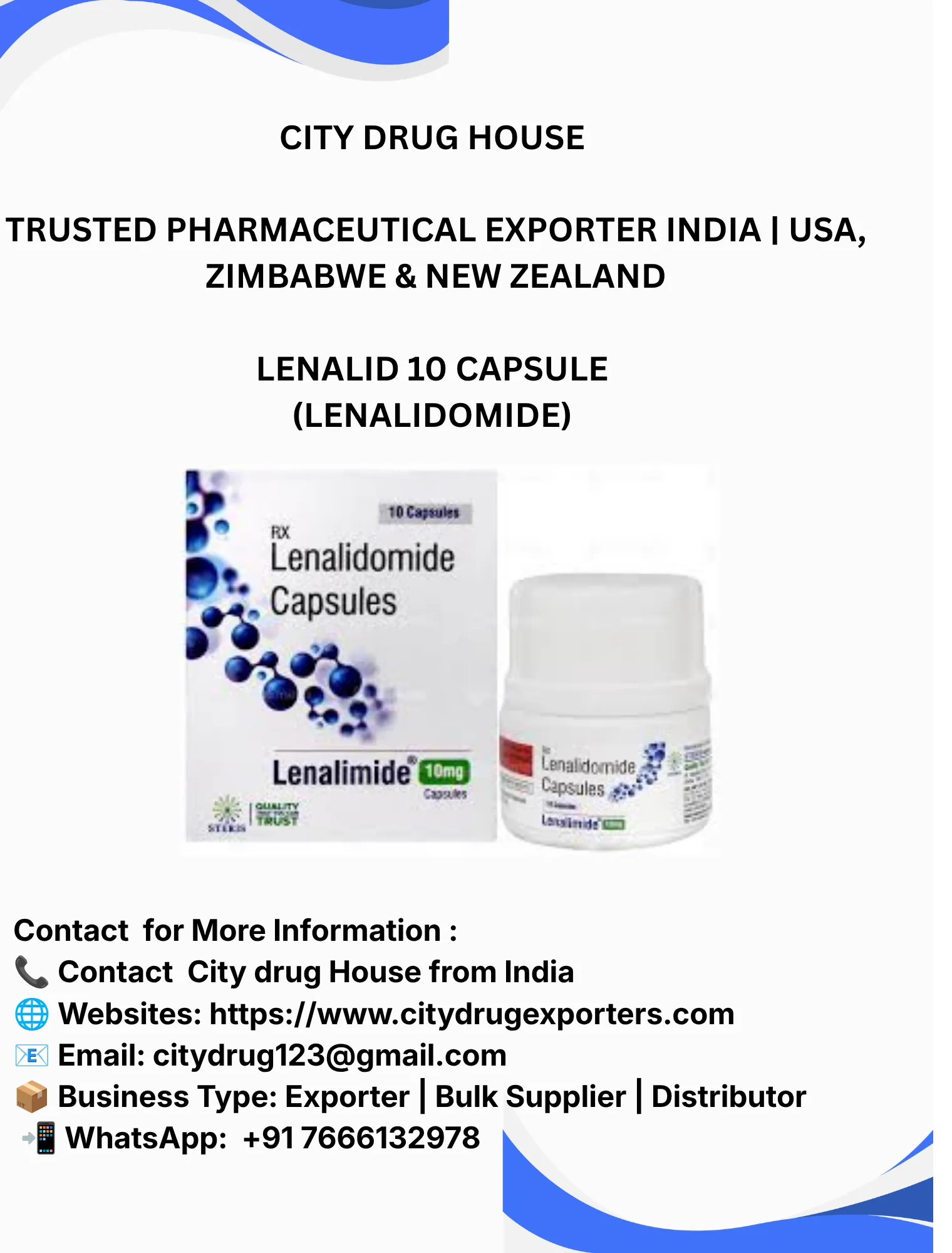 Lenalid 10 capsule ( lenalidomide) Exporter to USA, Zimbabwe & NZ | City Drug House INDIA