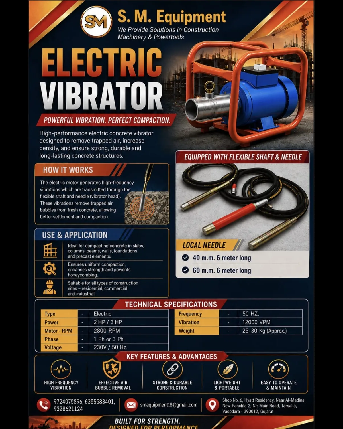 Electric Concrete Vibrator with Flexible Shaft & Needle | High Performance | SM Equipment