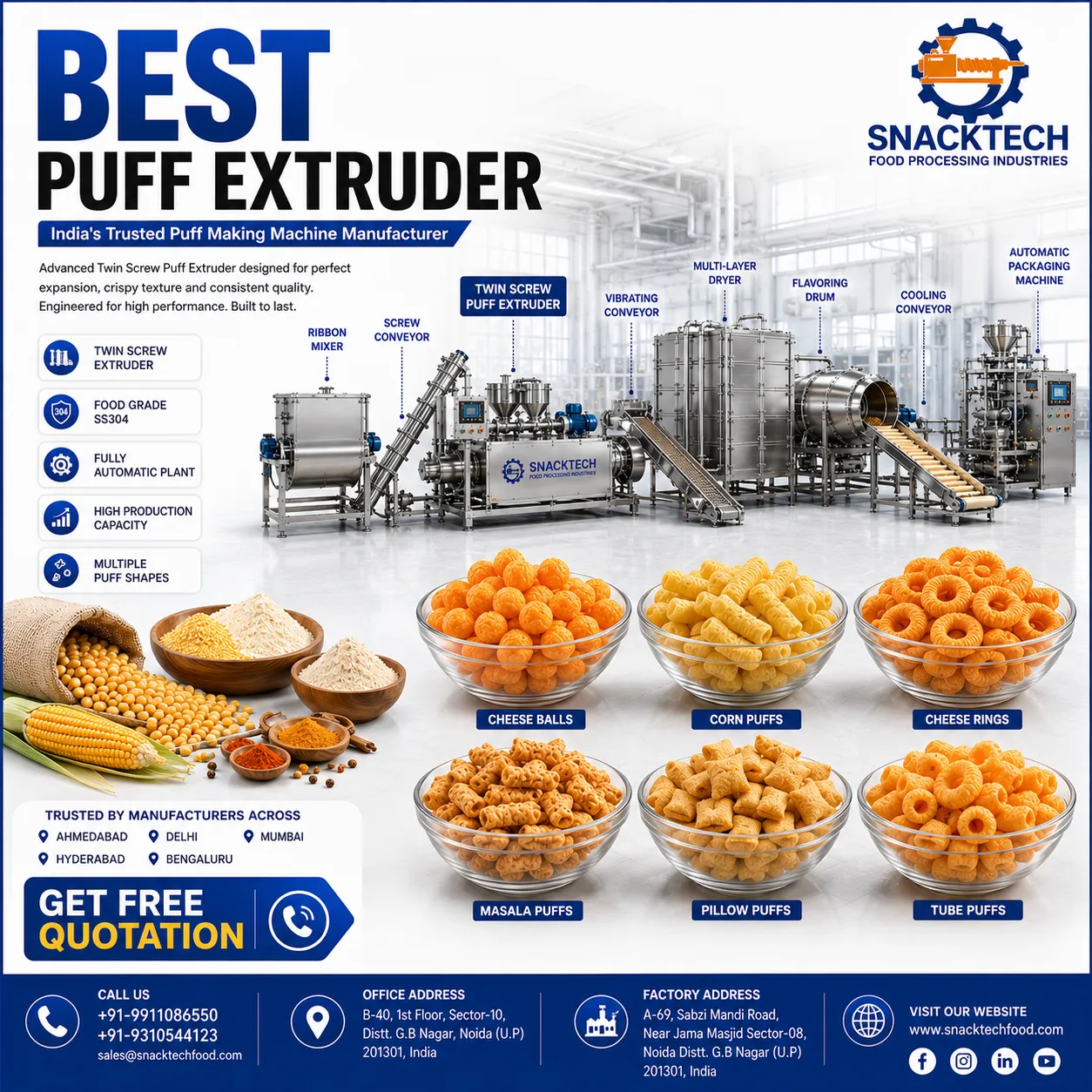 Best Puff Extruder Manufacturer in India | Automatic Puff Making Machine & Corn Puff Processing Plan