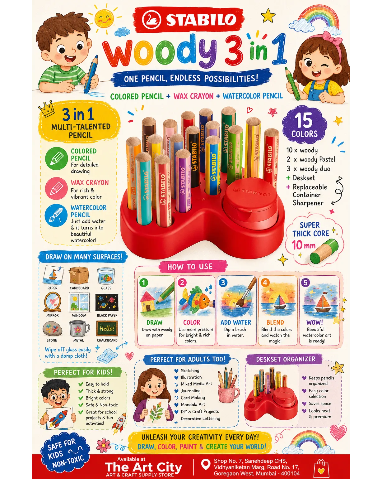 STABILO Multi-Talented Pencil woody 3 in 1 - Deskset of 15 One Pencil. Three Amazing Uses!
