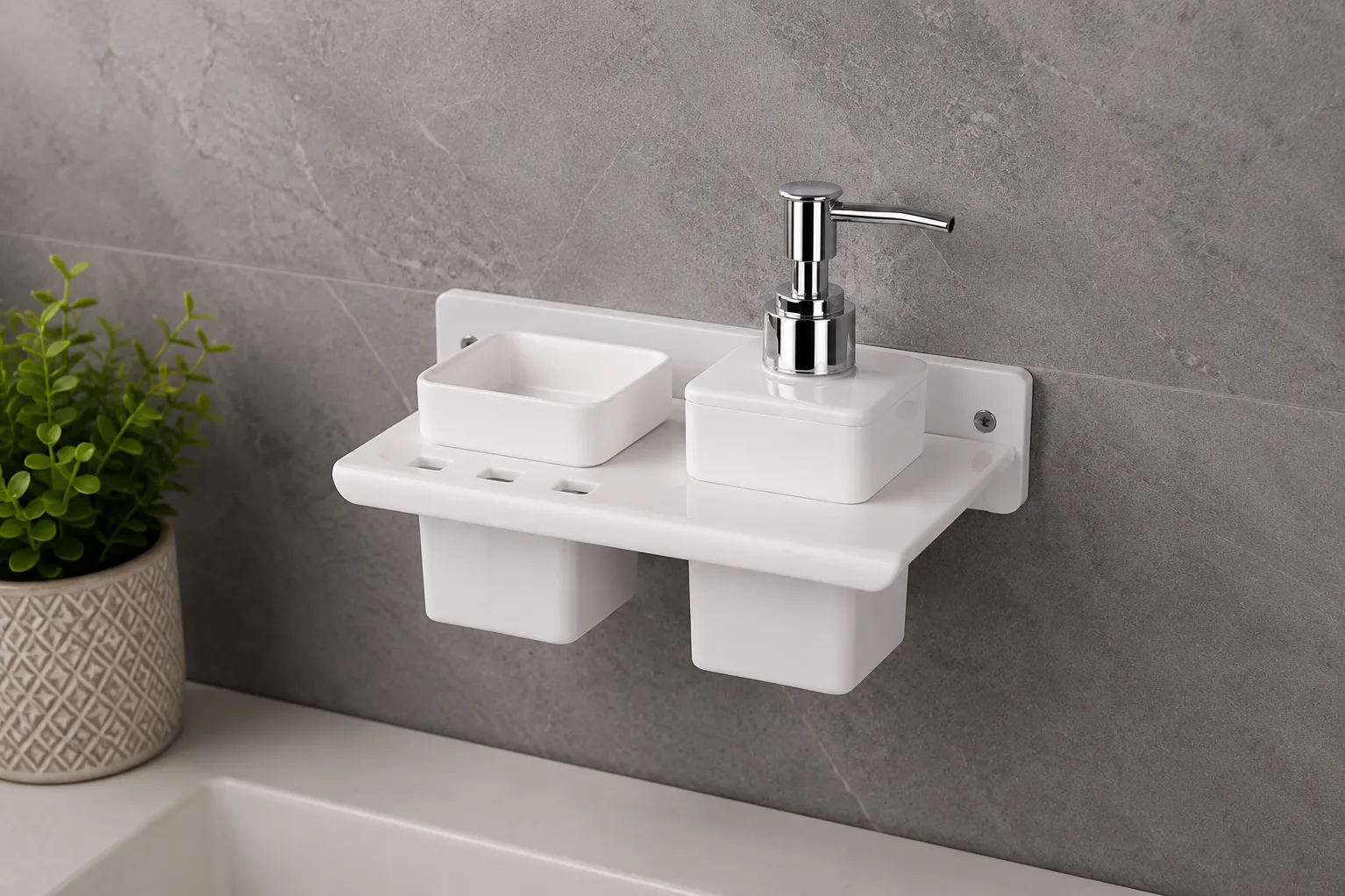 Acrylic tumbler holder with soap dispenser