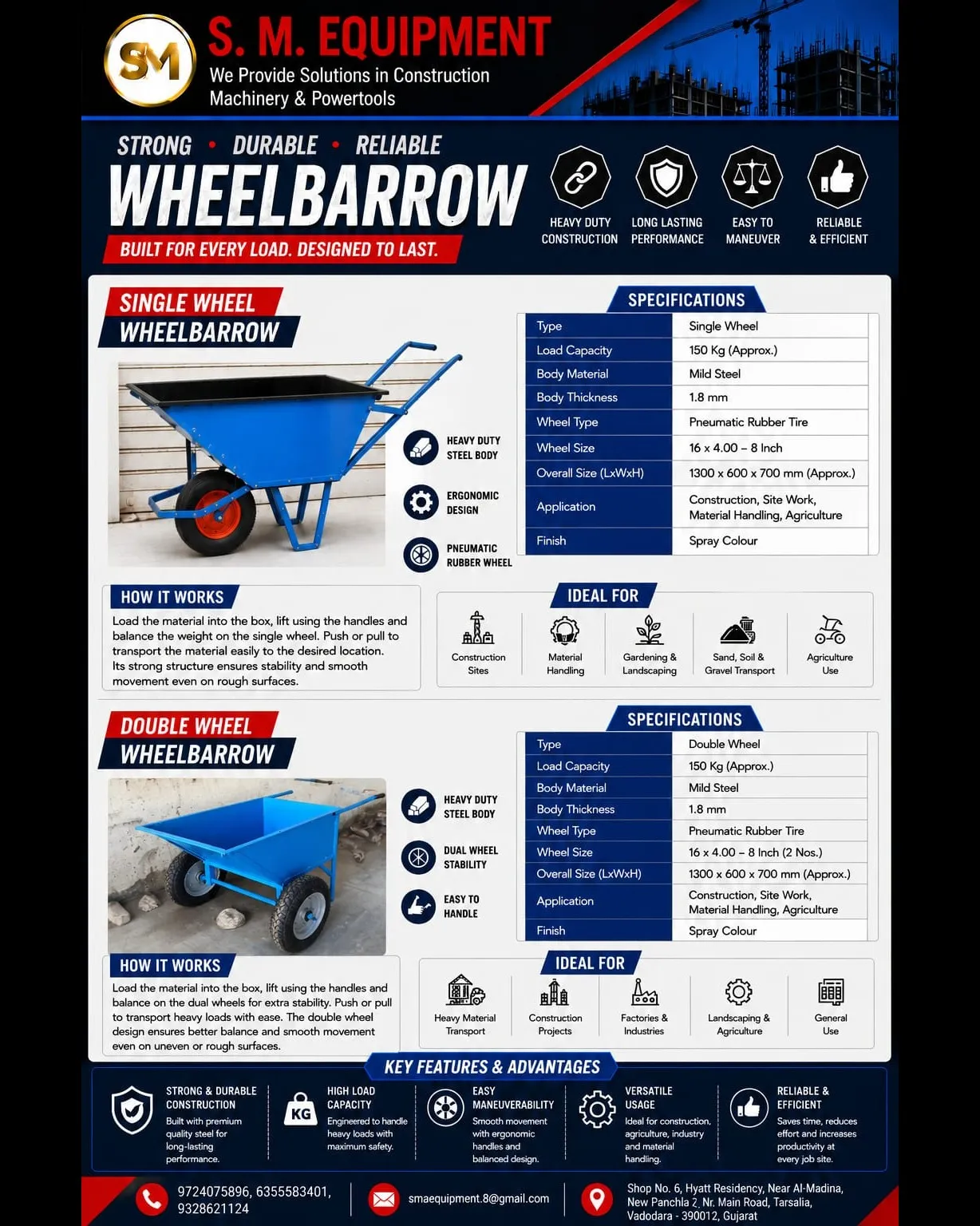 Wheelbarrow – Single & Double Wheel Material Handling Trolley | S. M. Equipment