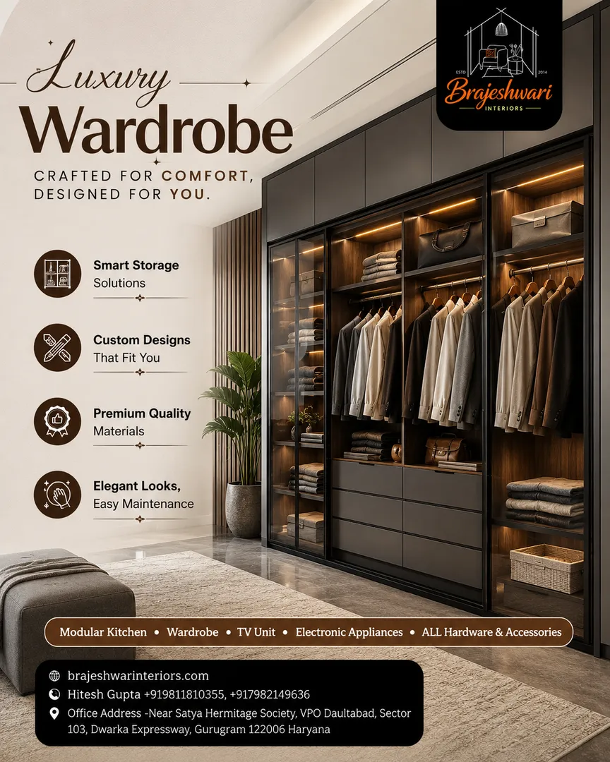 Upgrade your bedroom’s aesthetic with a bespoke Luxury Wardrobe from Brajeshwari Interiors! 🏡✨