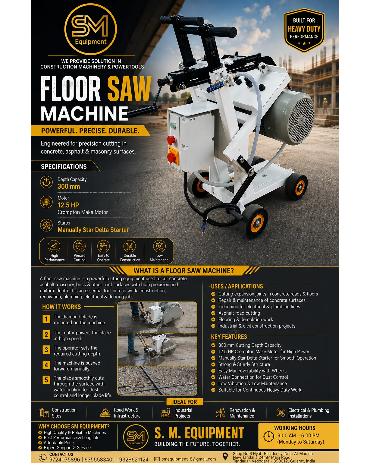 Floor Saw Machine – 300mm Cutting Depth | 12.5 HP Motor | S. M. Equipment