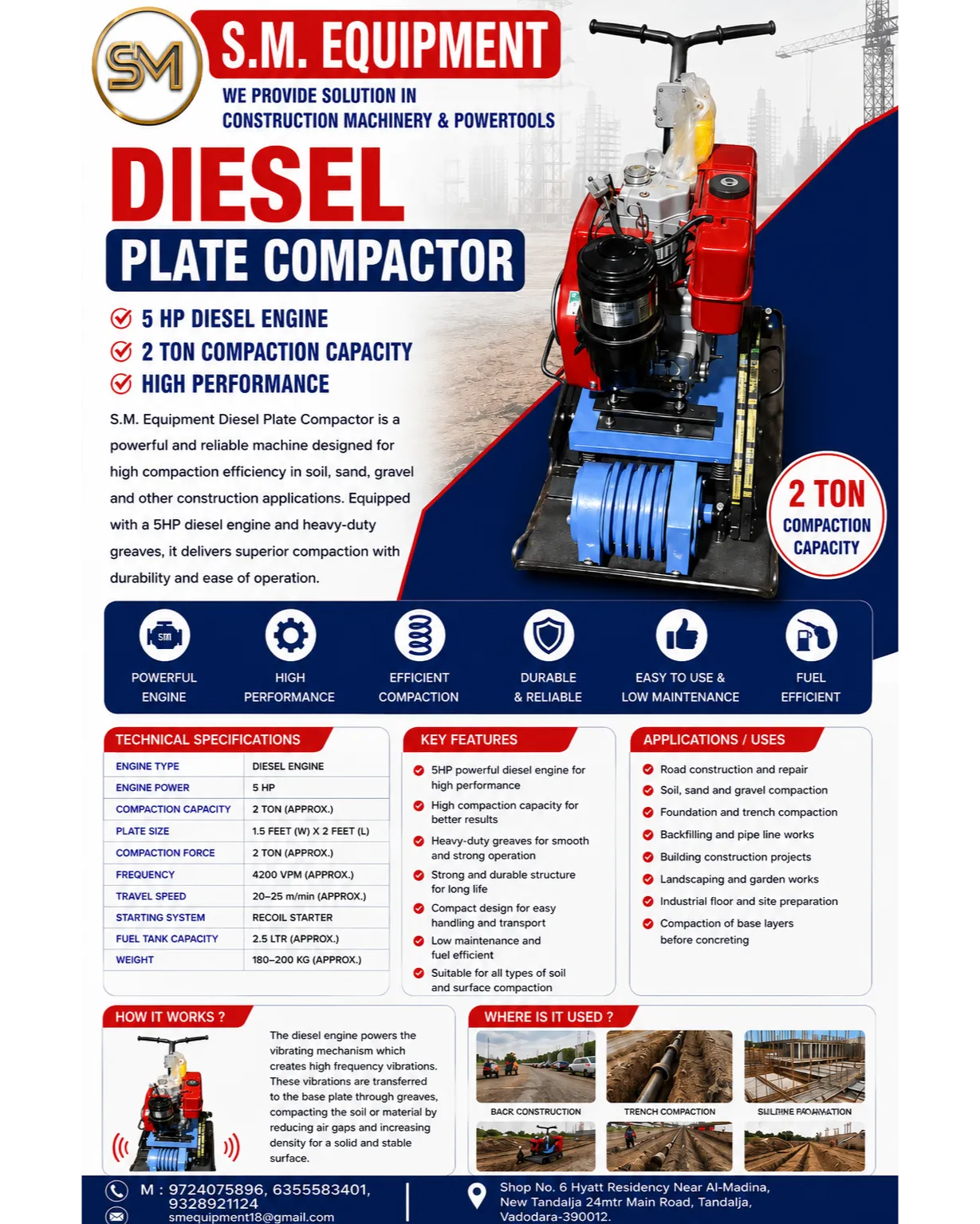 5 HP Diesel Plate Compactor Machine | 2 Ton Soil Compactor Supplier in India | S. M. Equipment