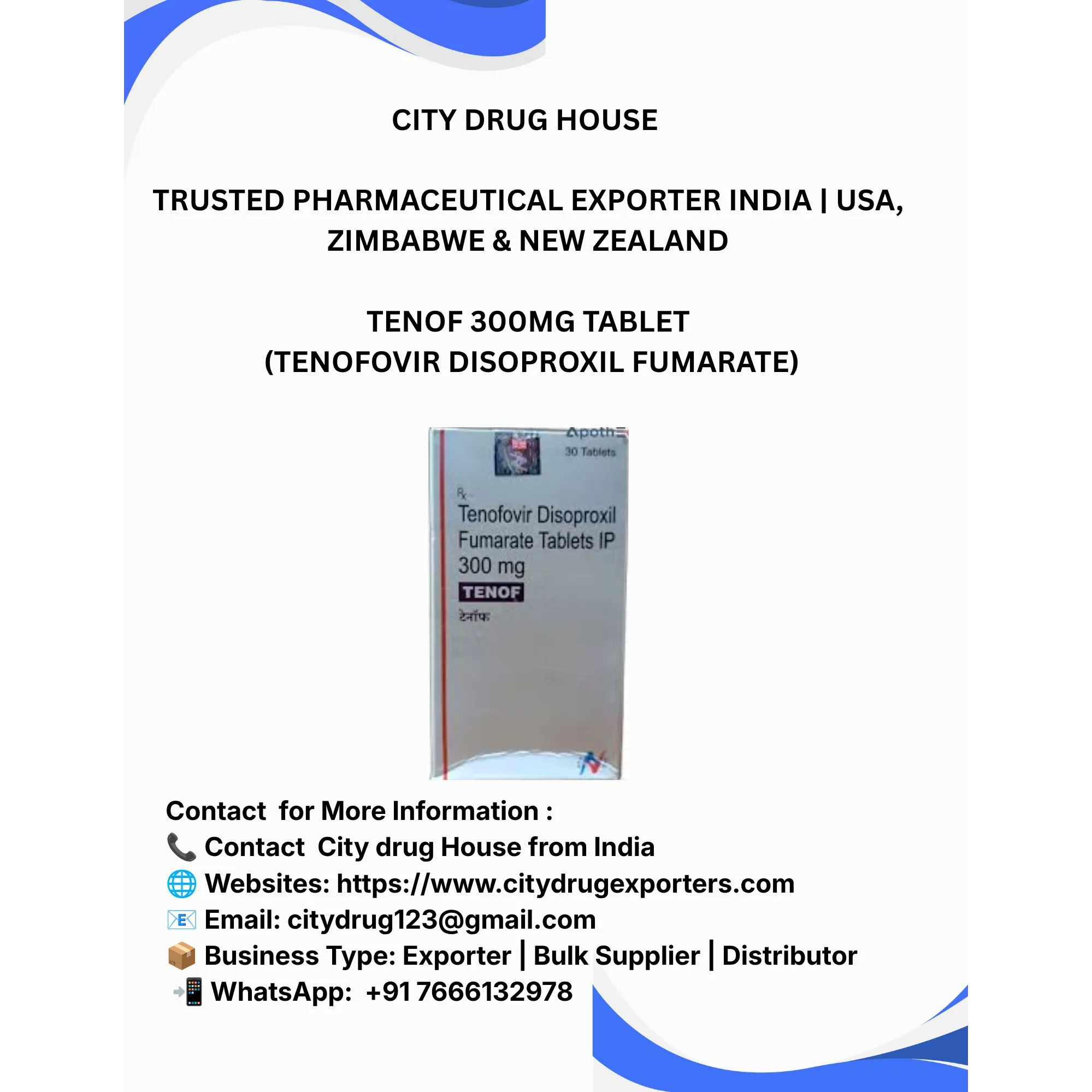 Tenof 300mg tablet Exporter to USA, Zimbabwe & NZ | City Drug House INDIA