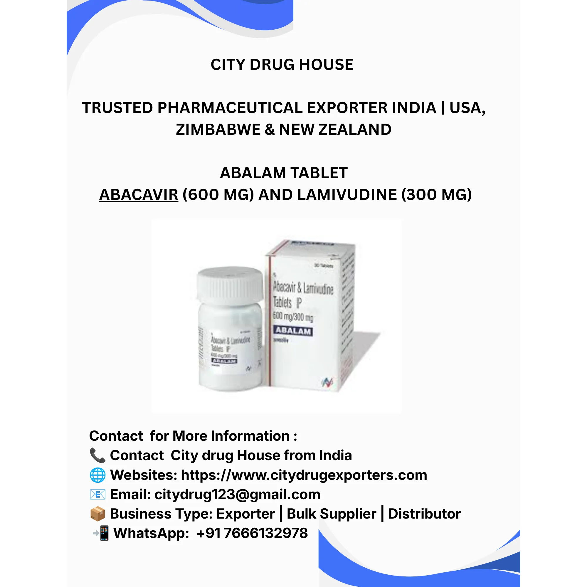 Abalam Tablet Exporter to USA, Zimbabwe & NZ | City Drug House INDIA
