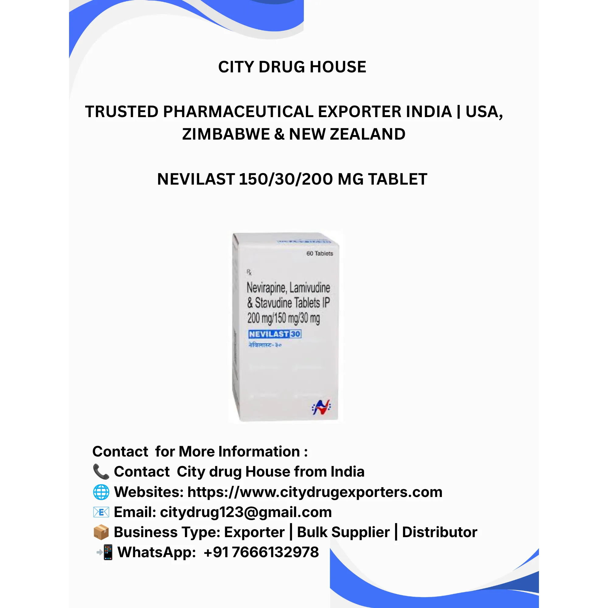 Nevilast 150/30/200 mg tablet Exporter to USA, Zimbabwe & NZ | City Drug House INDIA