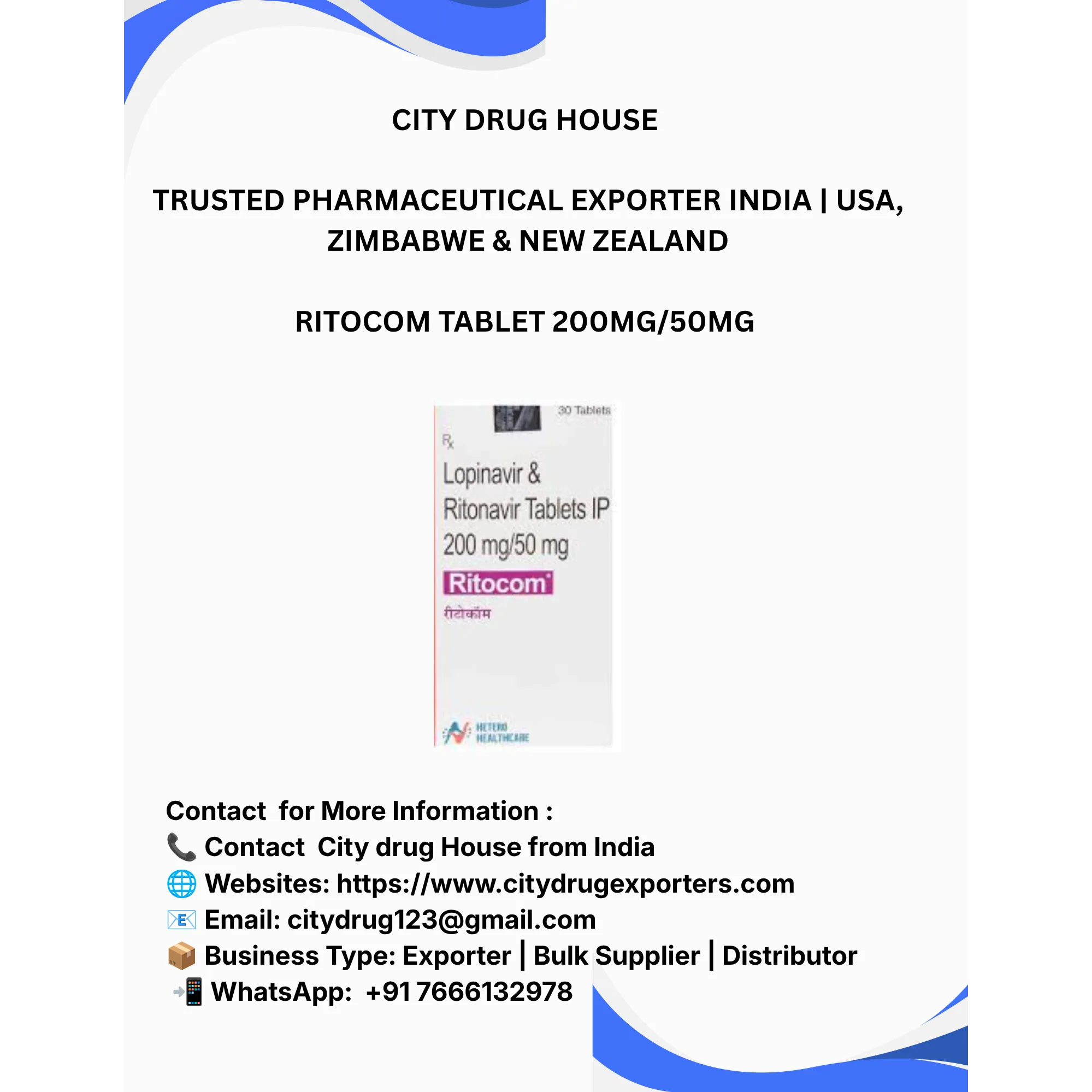 Ritocom Tablet Exporter to USA, Zimbabwe & NZ | City Drug House INDIA