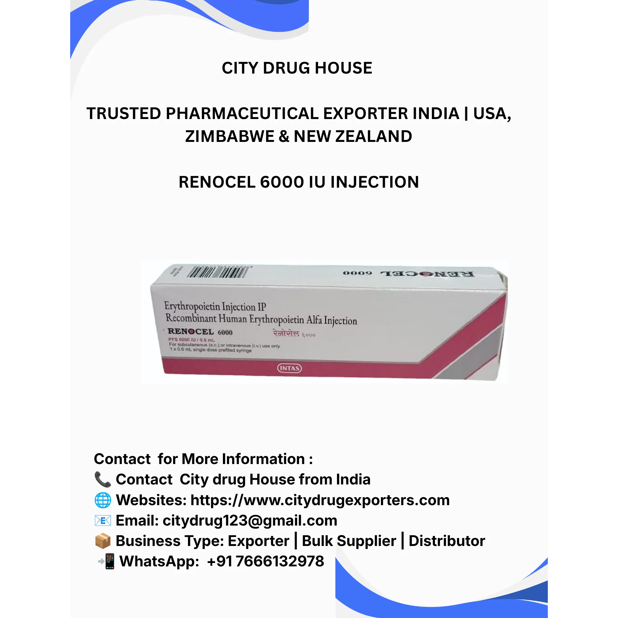 Renocel 6000 IU Injection Exporter to USA, Zimbabwe & NZ | City Drug House INDIA