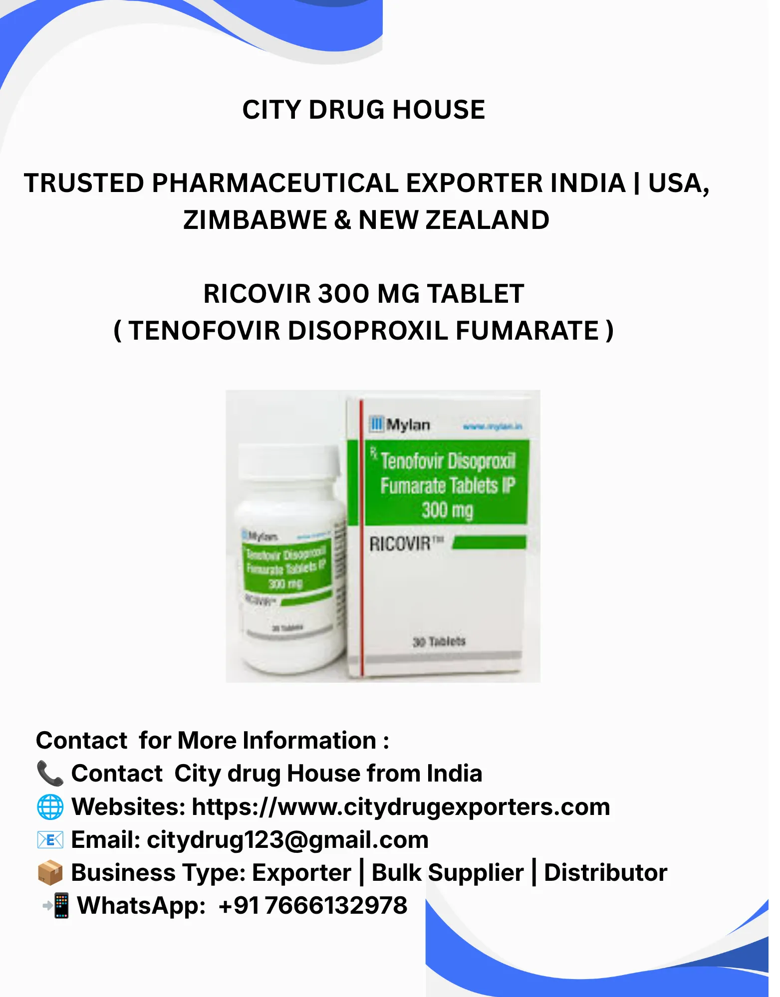 Ricovir 300 mg tablet Exporter to USA, Zimbabwe & NZ | City Drug House INDIA