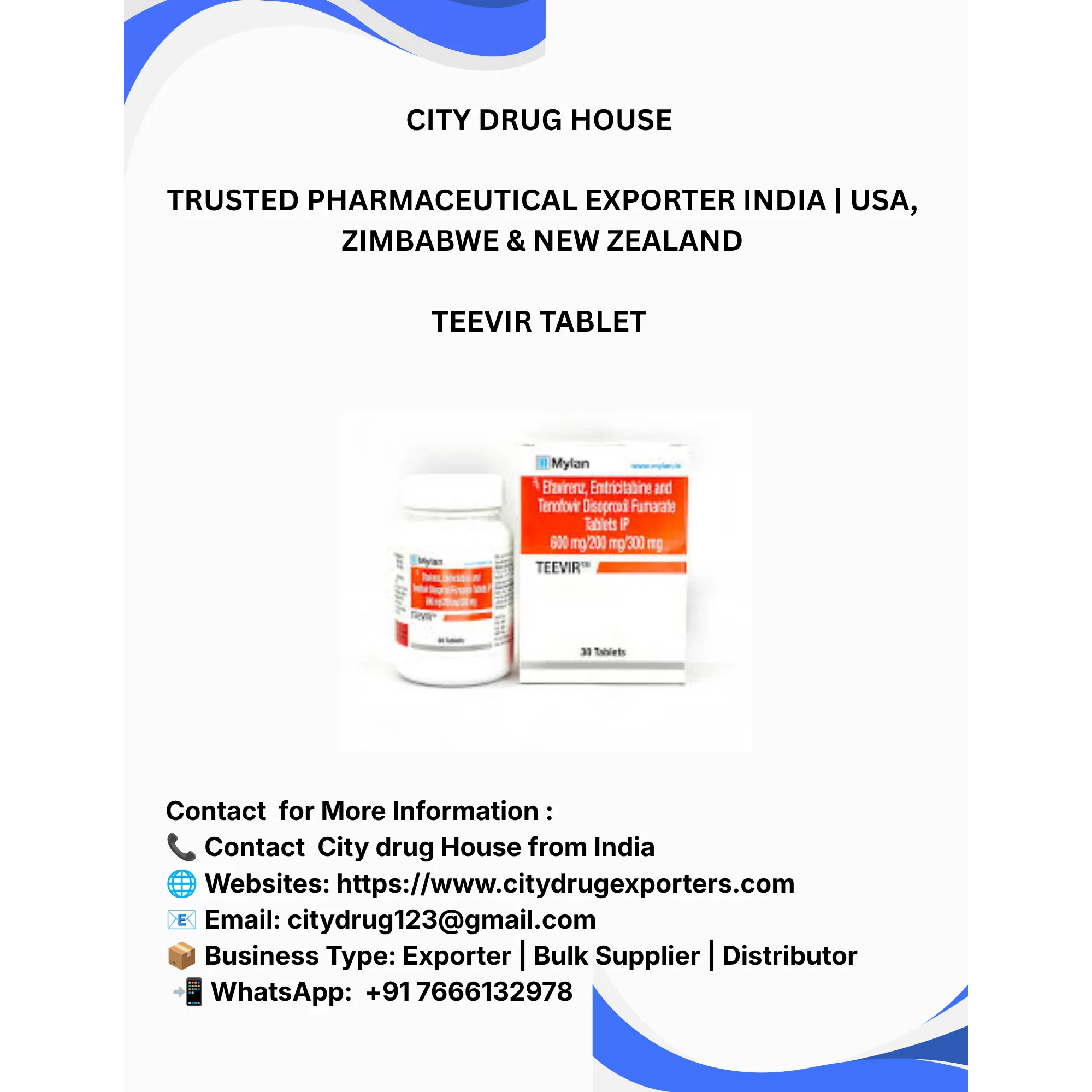 Teevir Tablet Exporter to USA, Zimbabwe & NZ | City Drug House INDIA