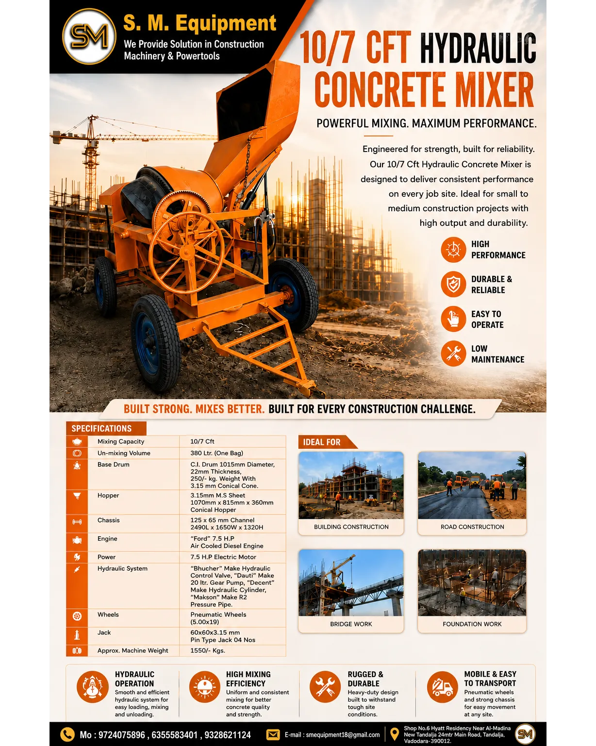10/7 CFT Hydraulic Concrete Mixer Machine | Hydraulic Concrete Mixer Supplier in Vadodara