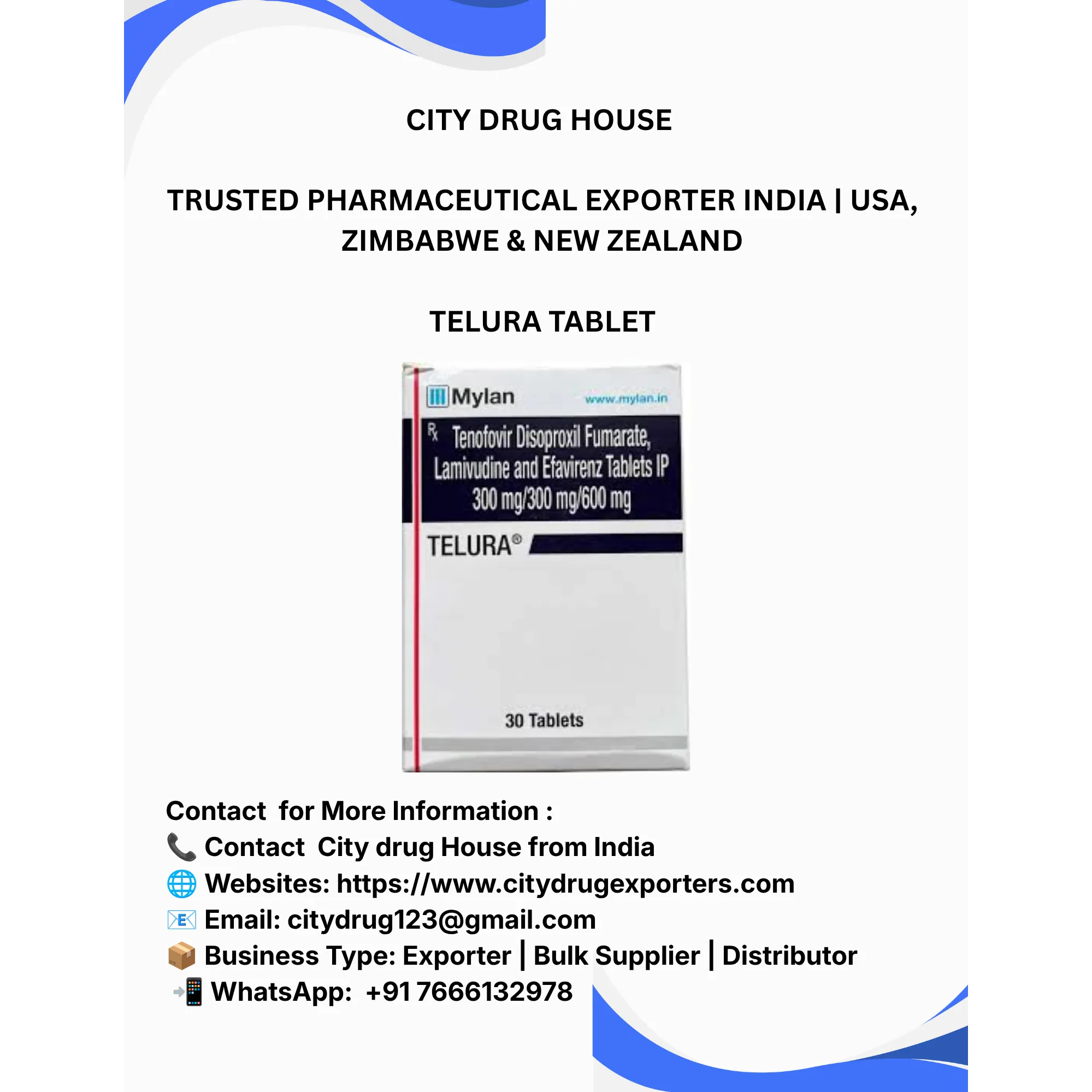 Telura Tablet Exporter to USA, Zimbabwe & NZ | City Drug House INDIA
