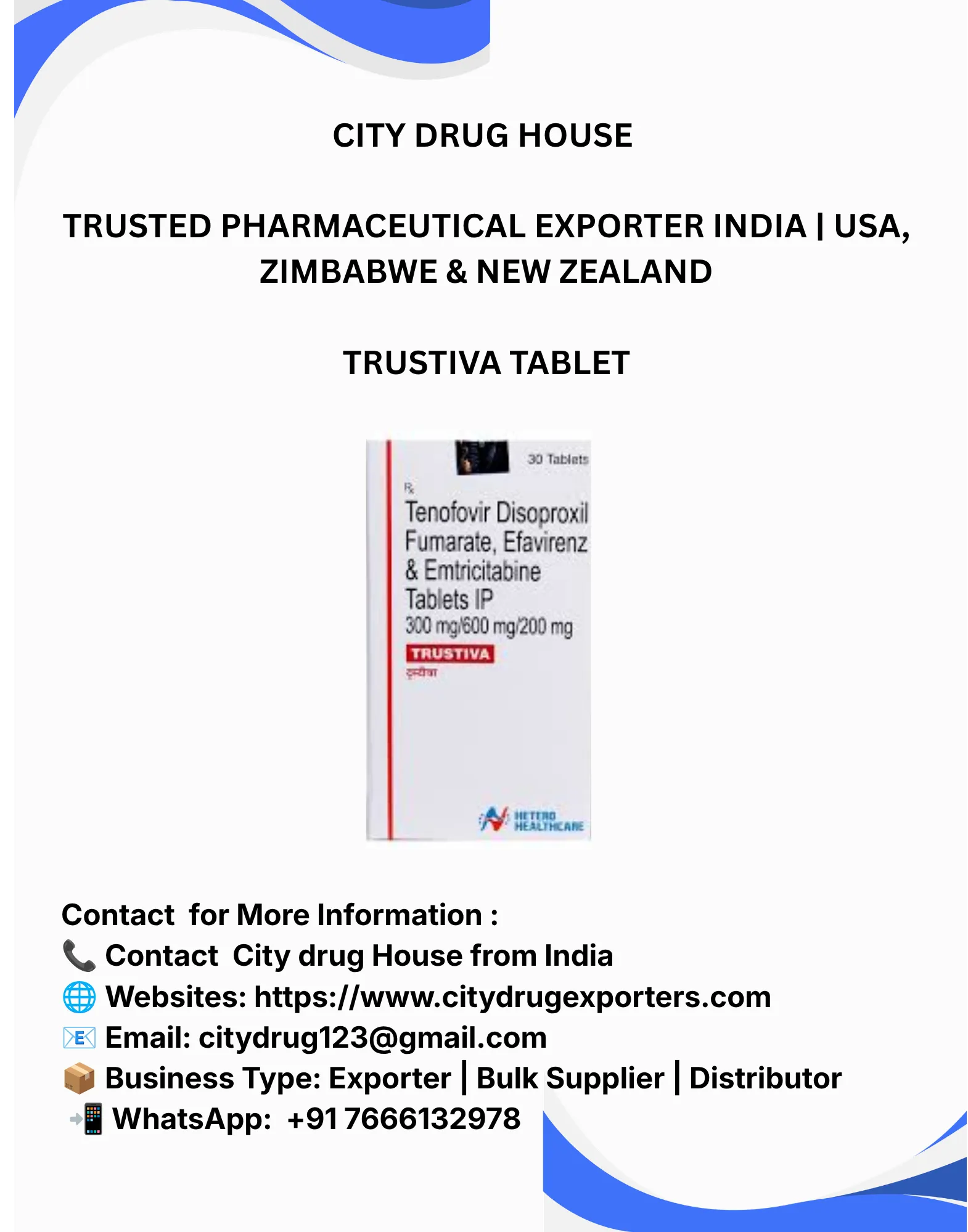 Trustiva Tablet Exporter to USA, Zimbabwe & NZ | City Drug House INDIA