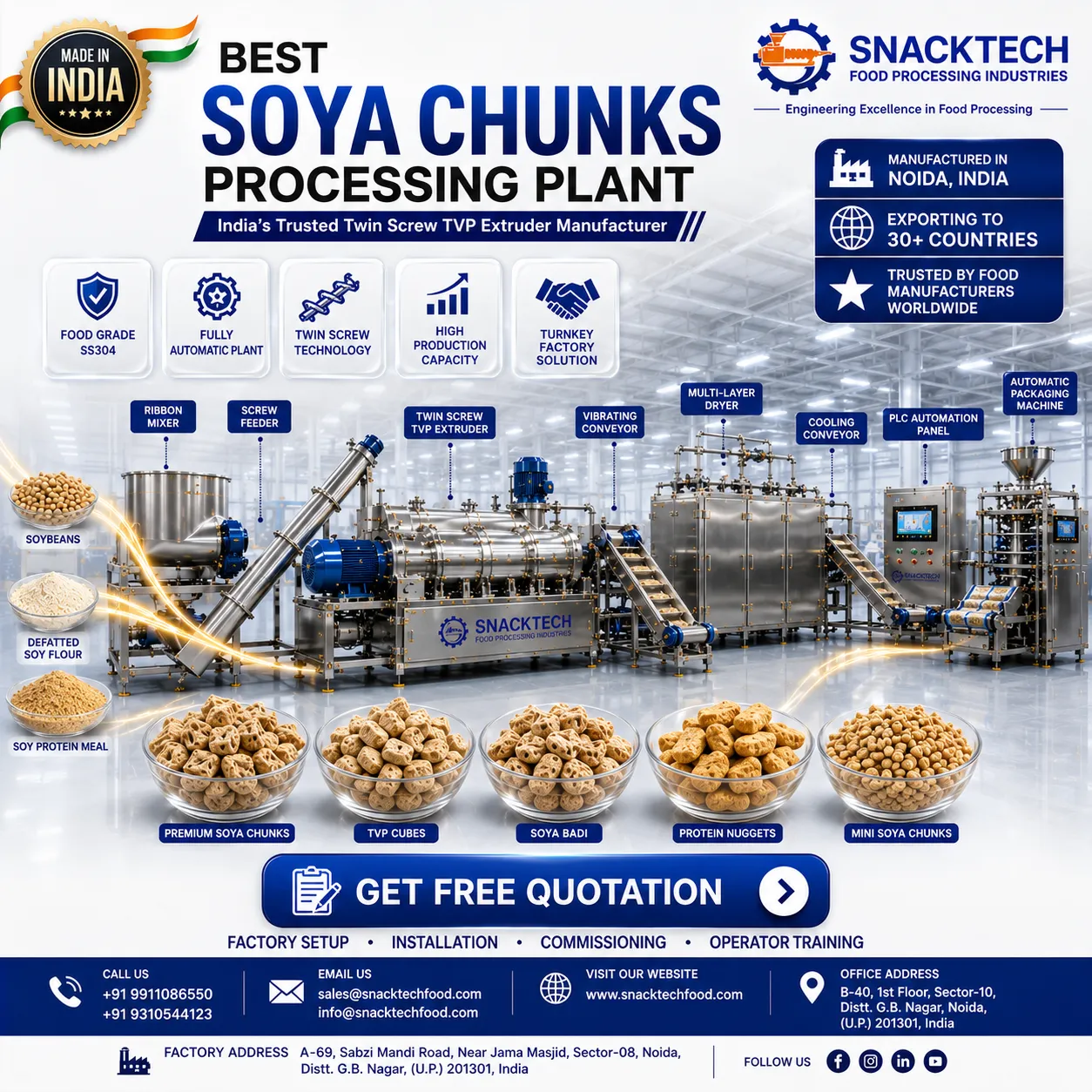 Industrial Soya Chunks Processing Plant Manufacturer in India | Automatic TVP Making Machine | Noida