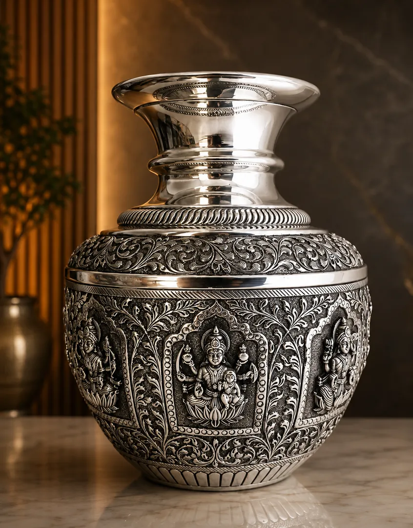 TIYAS 92.5 Silver Nakashi Ashtalakshmi Kalash – A Timeless Symbol of Prosperity & Divine Grace
