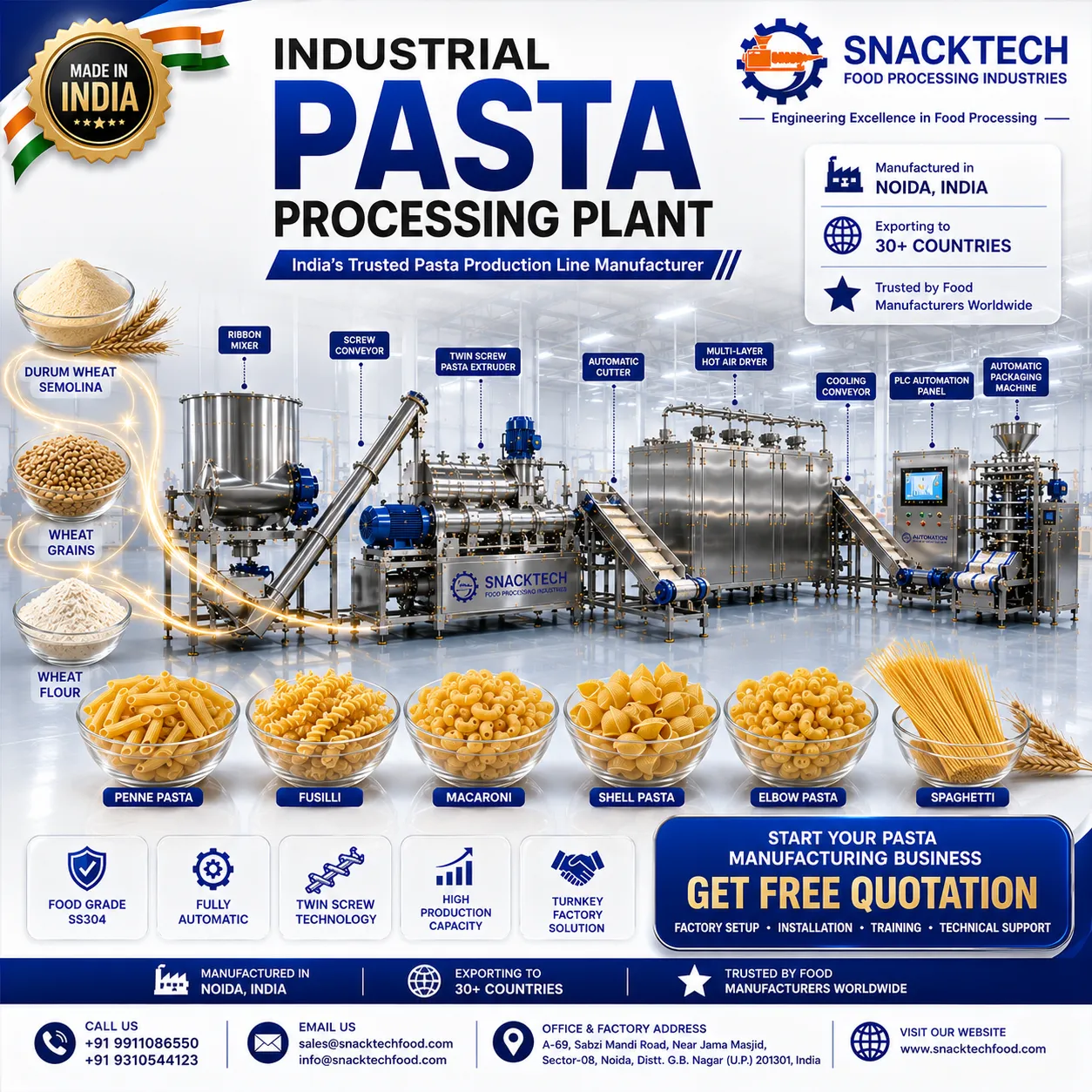 Industrial Pasta Processing Plant Manufacturer in India | Fully Automatic Pasta Production Line