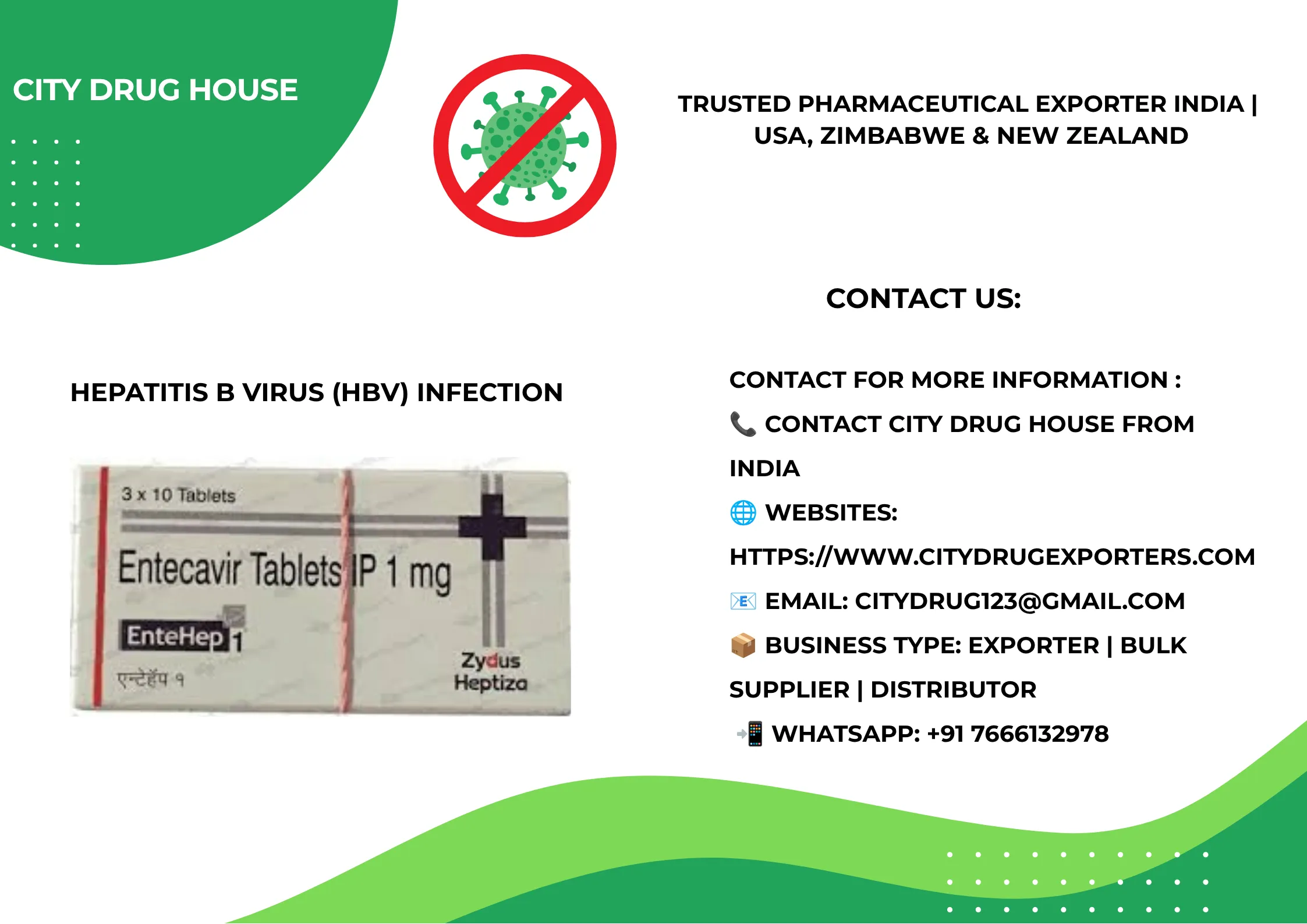 Entehep 1 mg ( Entecavir ) Exporter to USA, Zimbabwe & NZ | City Drug House INDIA