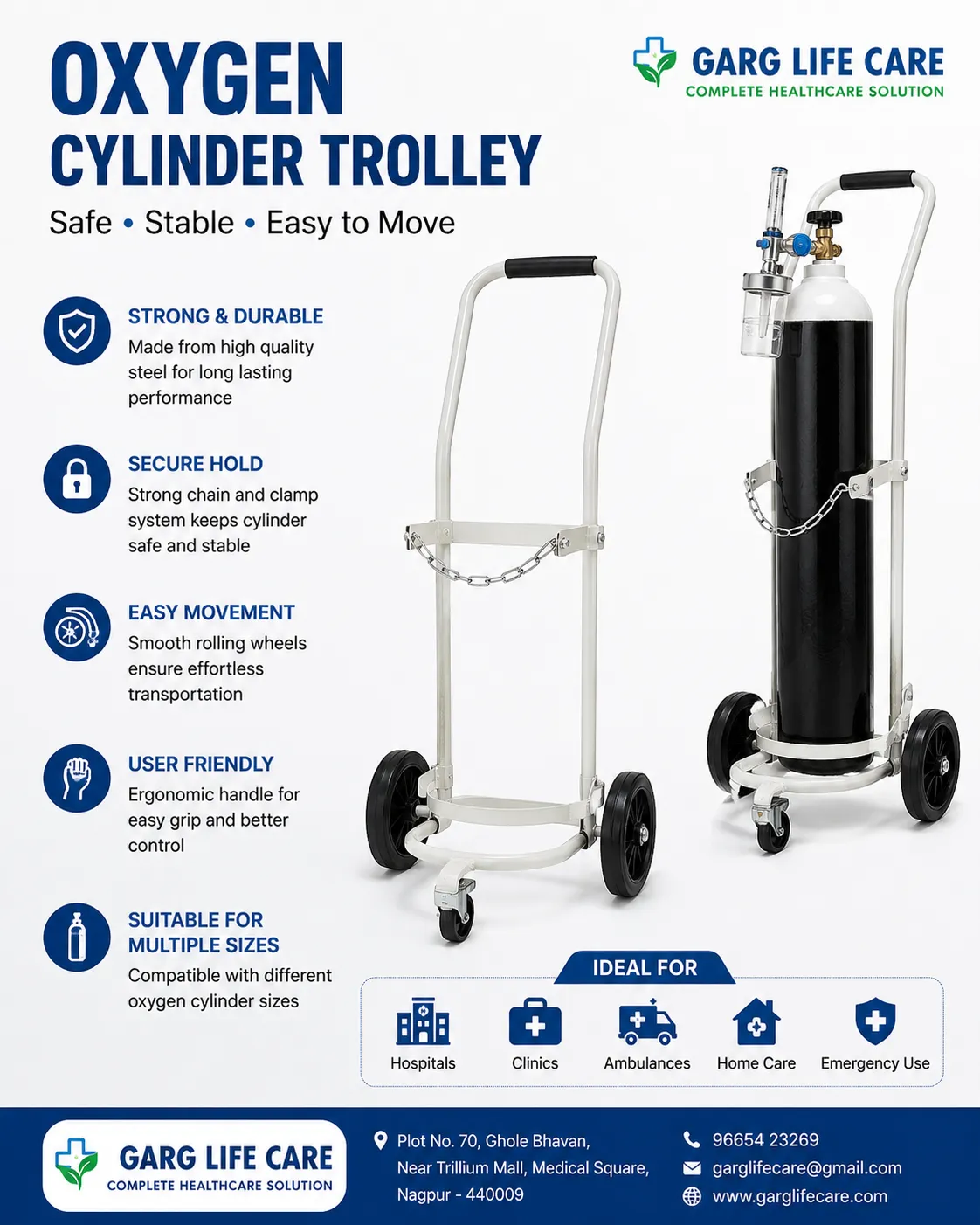 Oxygen Cylinder Trolley – Garg Life Care Nagpur Strong & Easy-to-Use Oxygen Cylinder Trolley