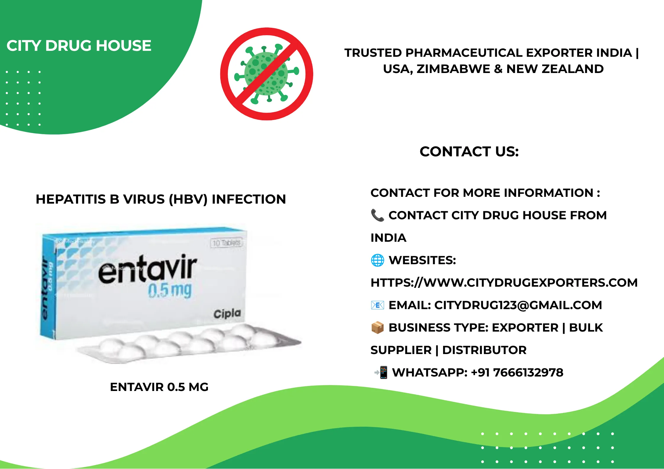 Entavir 0.5 mg Exporter to USA, Zimbabwe & NZ | City Drug House INDIA