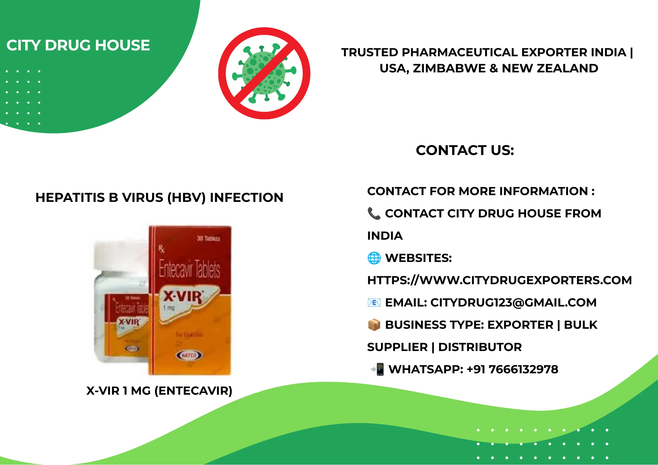 X-Vir 1 mg (Entecavir) Exporter to USA, Zimbabwe & NZ | City Drug House INDIA