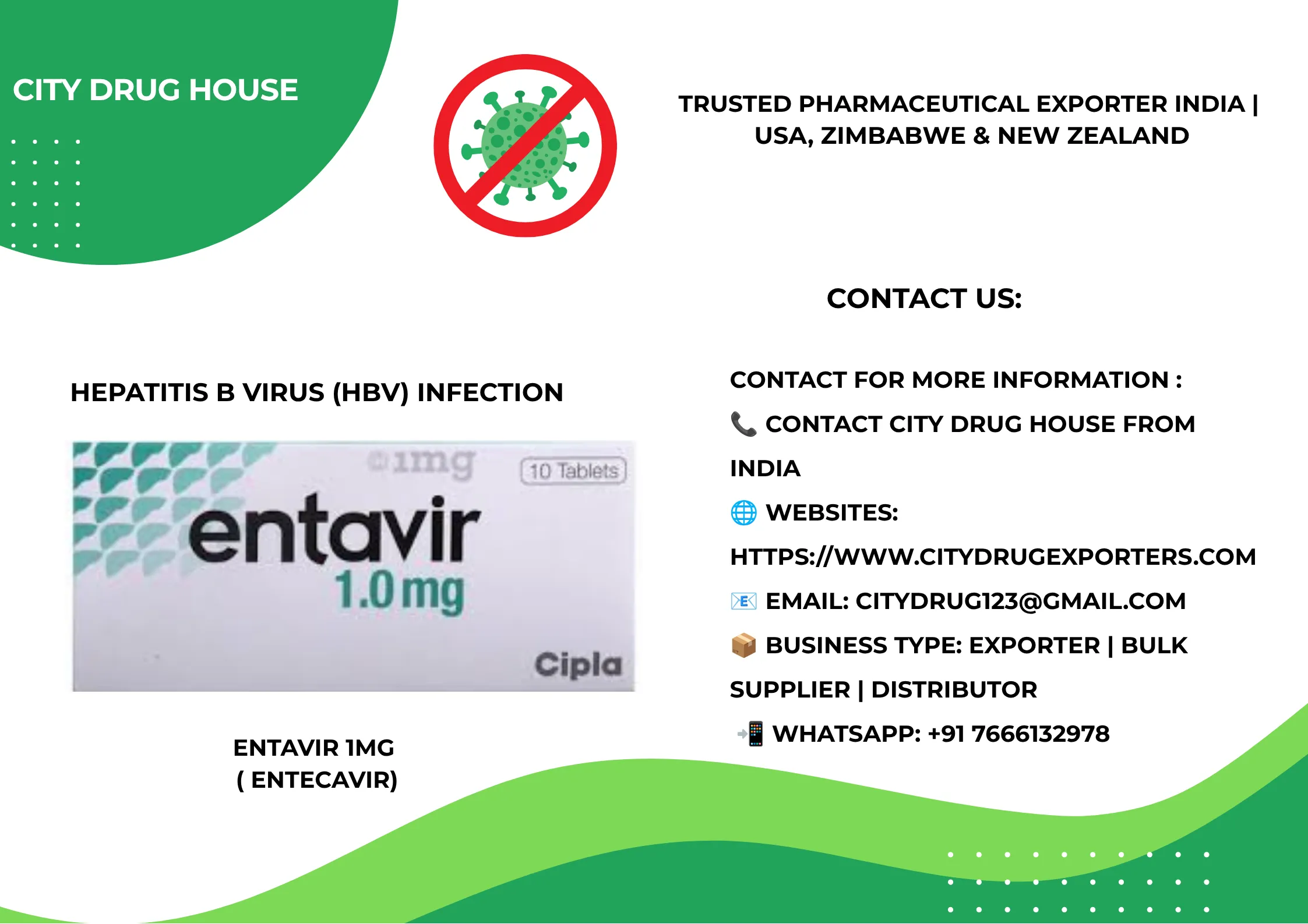 Entavir 1mg ( Entecavir ) Exporter to USA, Zimbabwe & NZ | City Drug House INDIA
