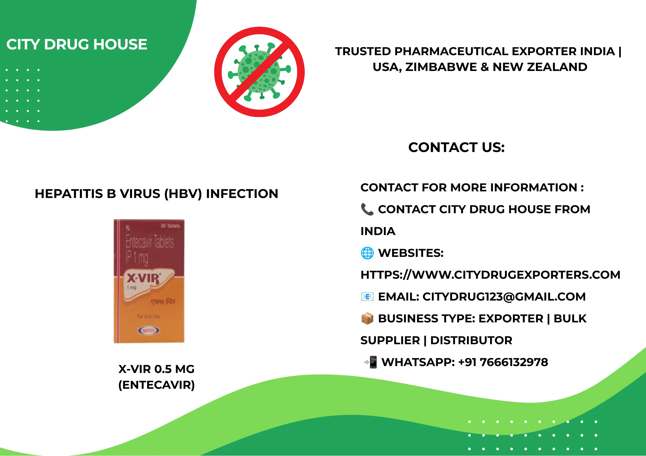 X-Vir 0.5 mg ( Entecavir ) Exporter to USA, Zimbabwe & NZ | City Drug House INDIA