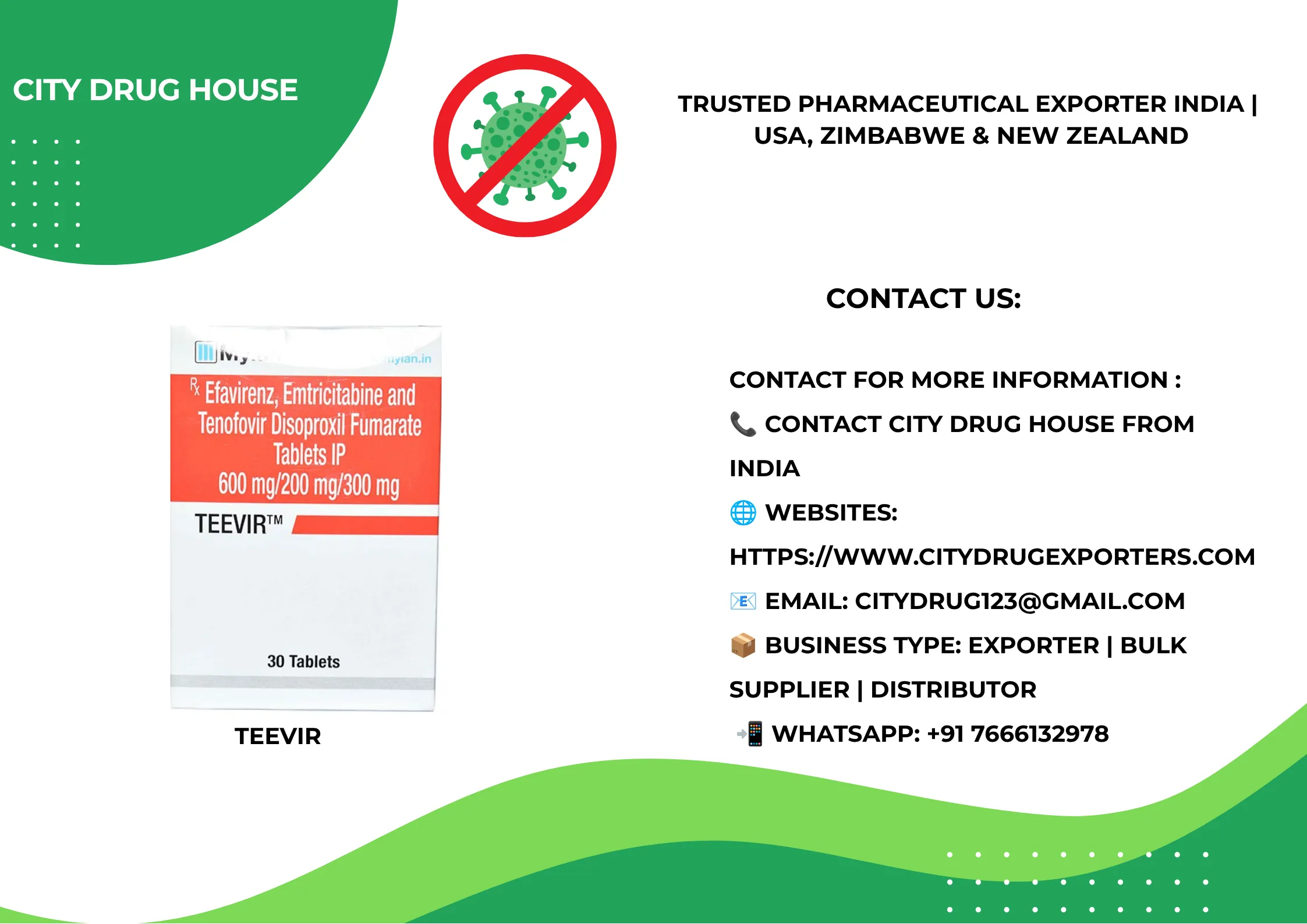 Teevir Exporter to USA, Zimbabwe & NZ | City Drug House INDIA