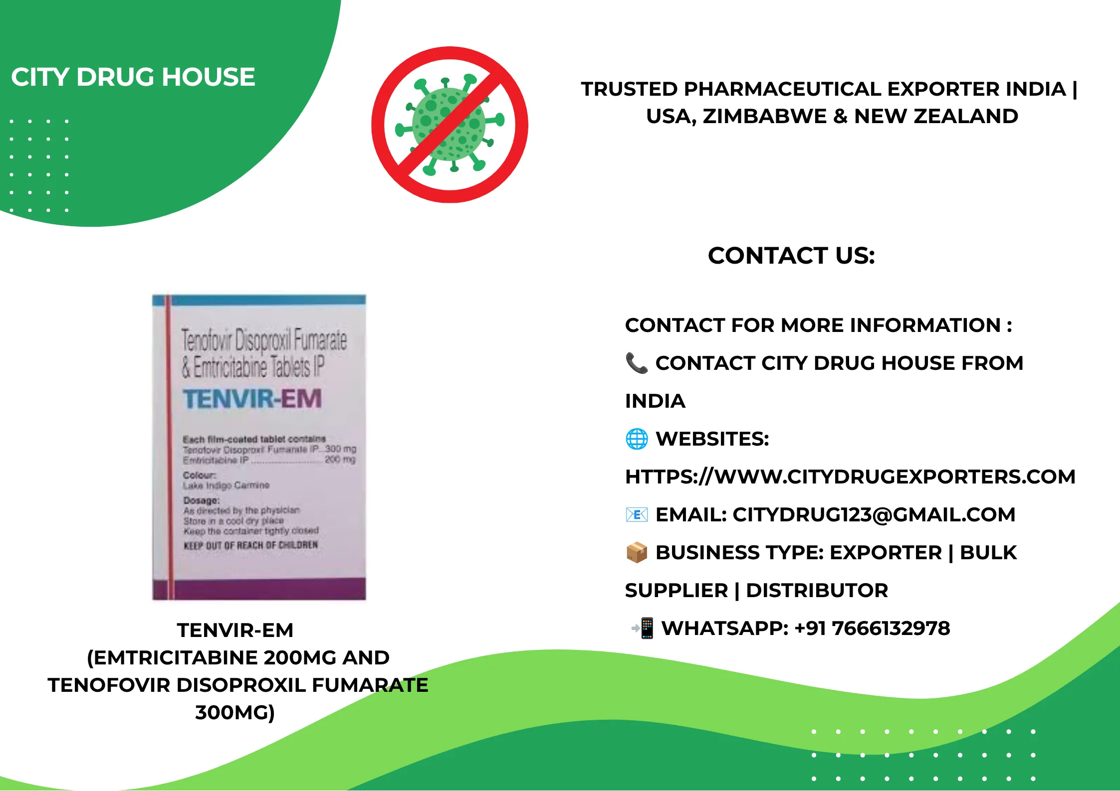 Tenvir-EM Exporter to USA, Zimbabwe & NZ | City Drug House INDIA
