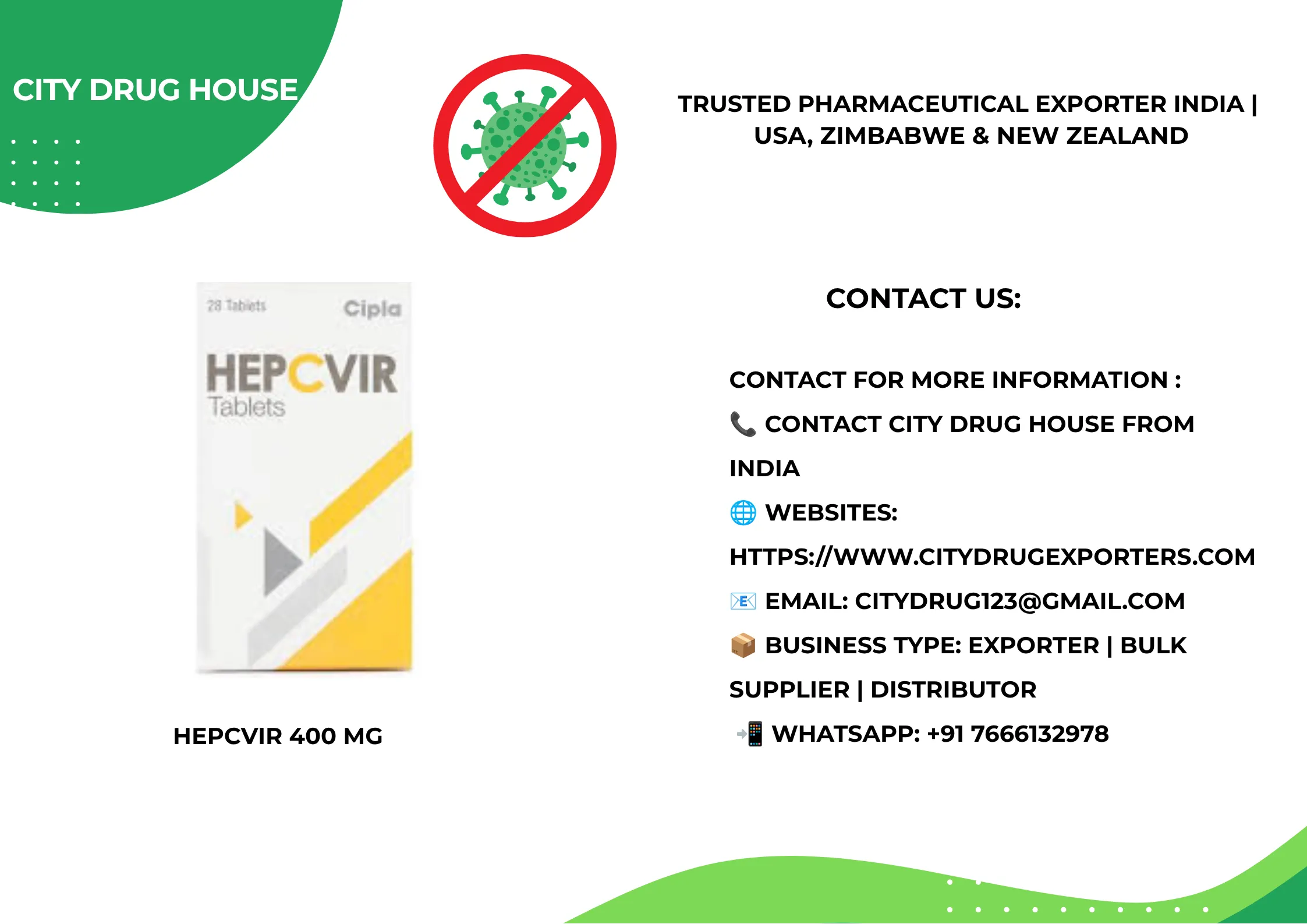 Hepcvir 400 mg tablet Exporter to USA, Zimbabwe & NZ | City Drug House INDIA