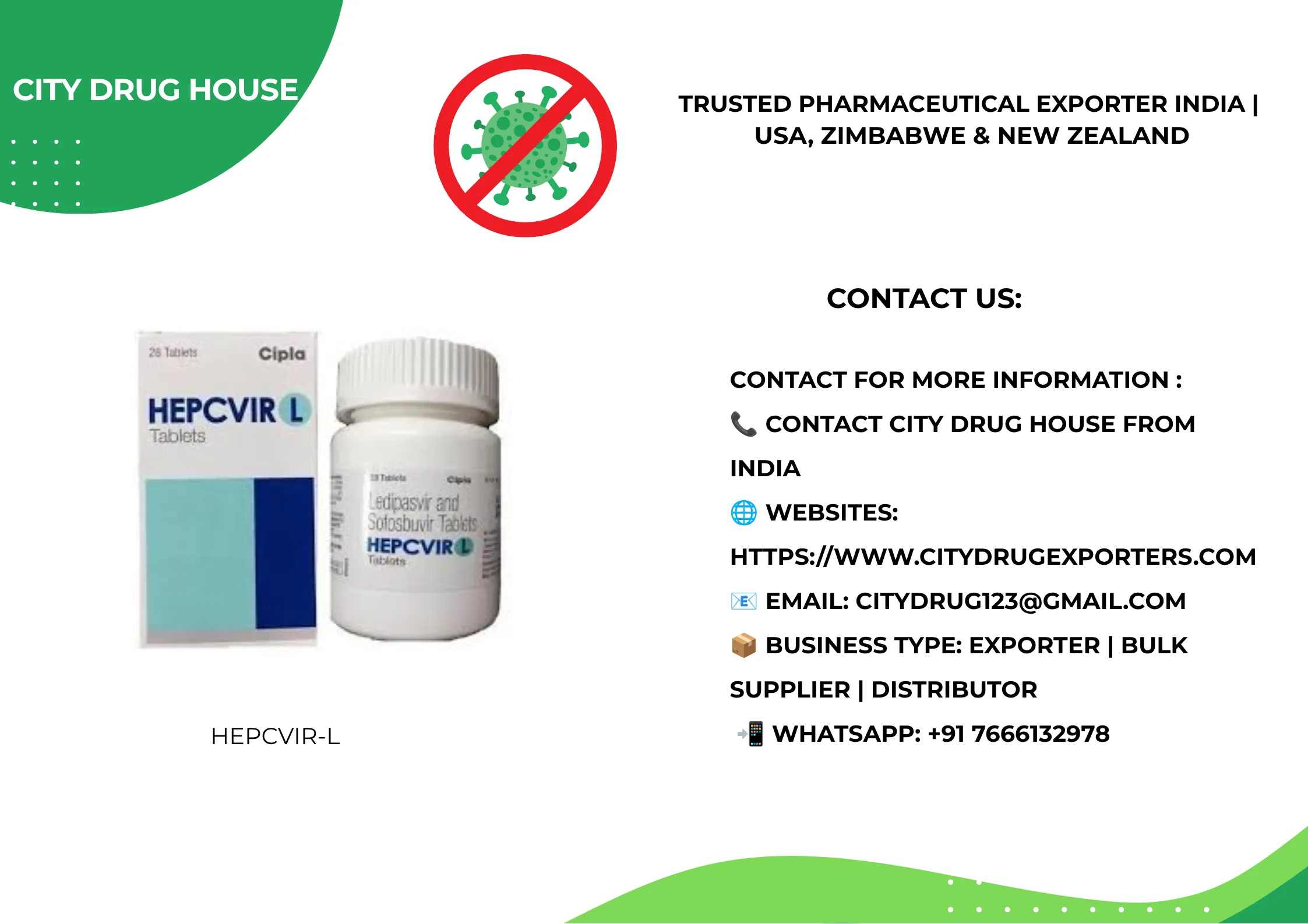 Hepcvir L Exporter to USA, Zimbabwe & NZ | City Drug House INDIA