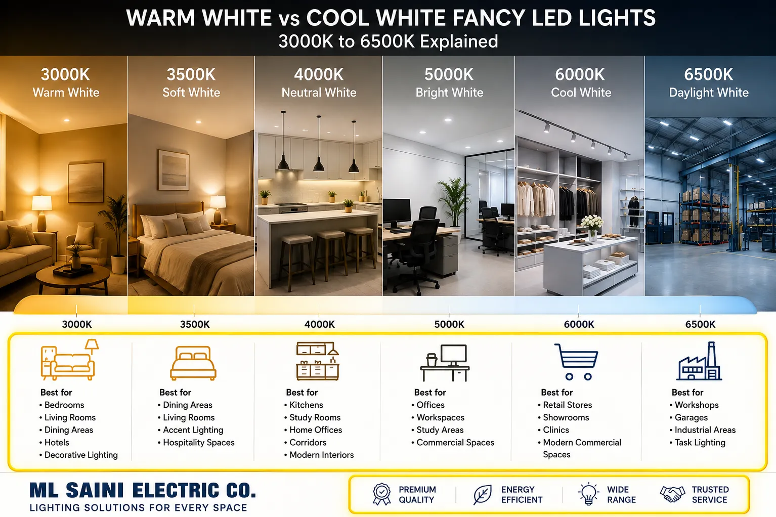 Warm White vs Cool White Fancy LED Lights: 3000K to 6500K| ML Saini Electric Co.