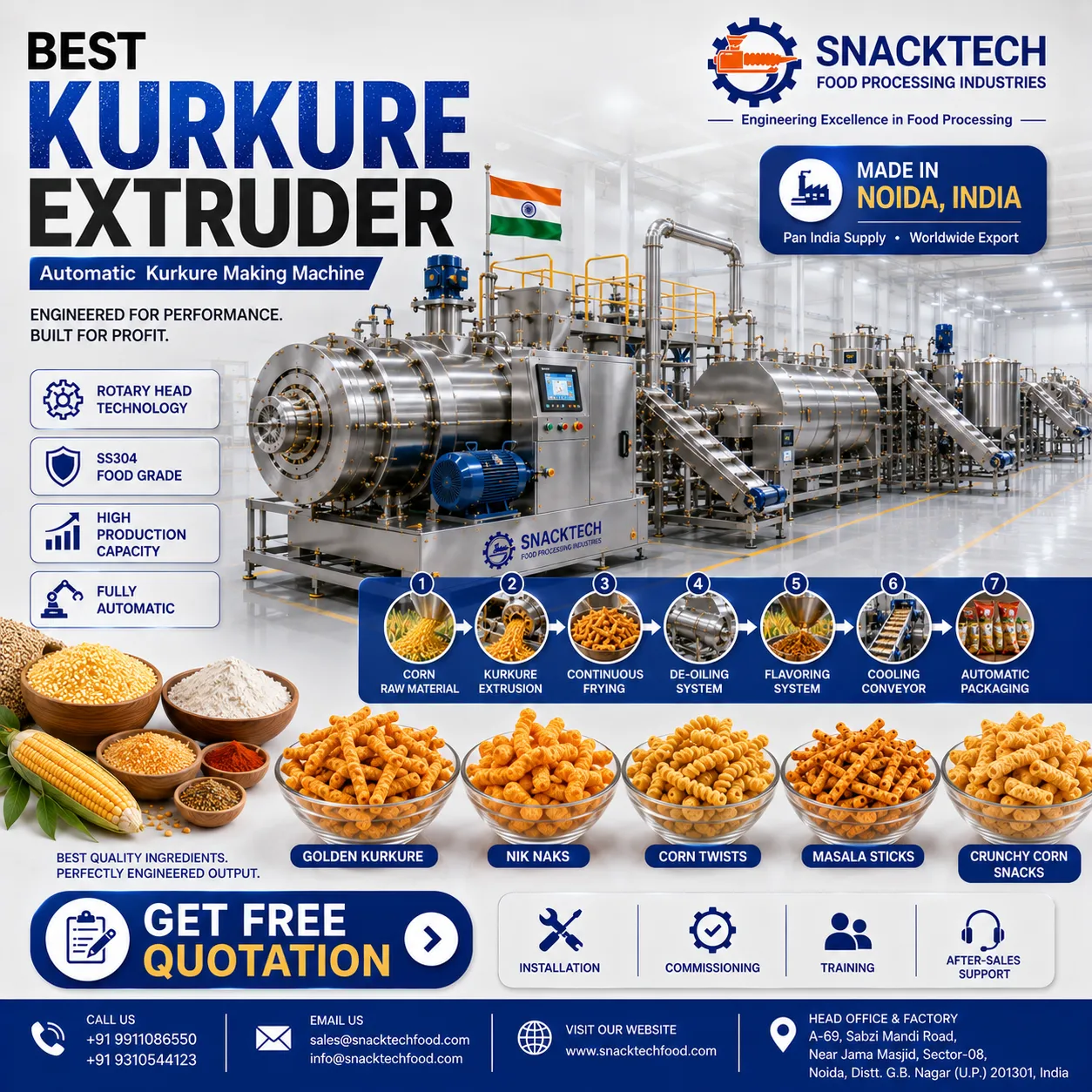 Kurkure Making Machine Manufacturer in India | Rotary Head Kurkure Extruder | Noida