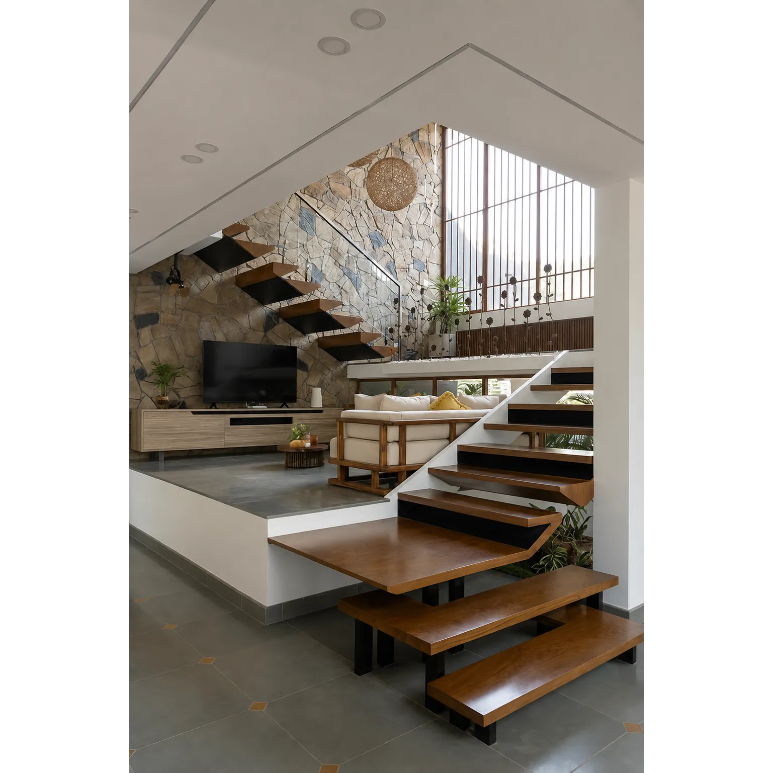 Modern Duplex Living Room | Stylish Staircase and Double-Height Interior