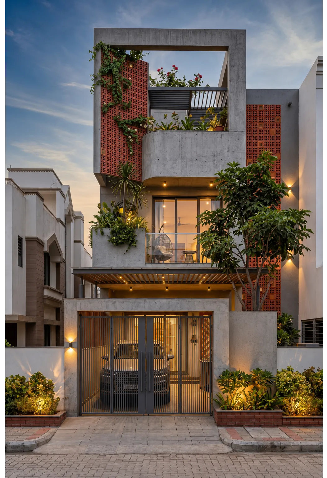 Luxury Contemporary Villa Elevation Design | Modern Concrete Facade with Green Terrace