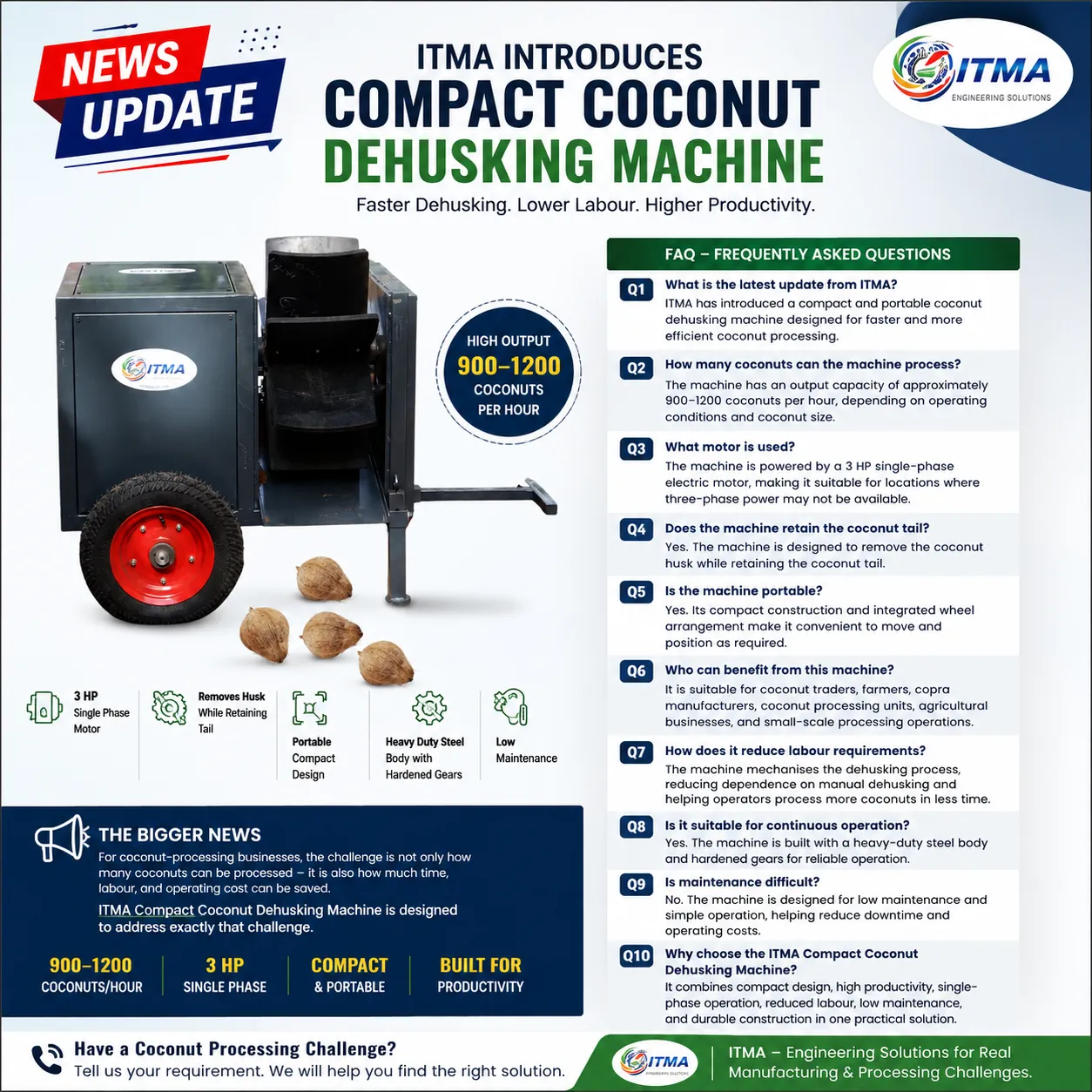 1200 Coconut fastest de-husking 1 hour with 1 Labour Higher Productivity lowest power consumption
