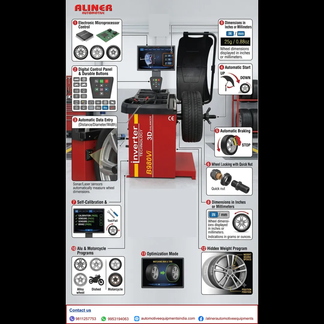 TECHNICAL FEATURES: INVERTER BASED VIDEOGRAPHIC 3D WHEEL BALANCER WITH SONAR SENSOR, WHEEL BALANCER