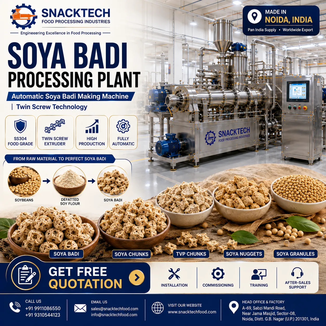 Automatic Soya Badi Machine Manufacturer in India | Soya Badi Processing Plant | TVP Extruder
