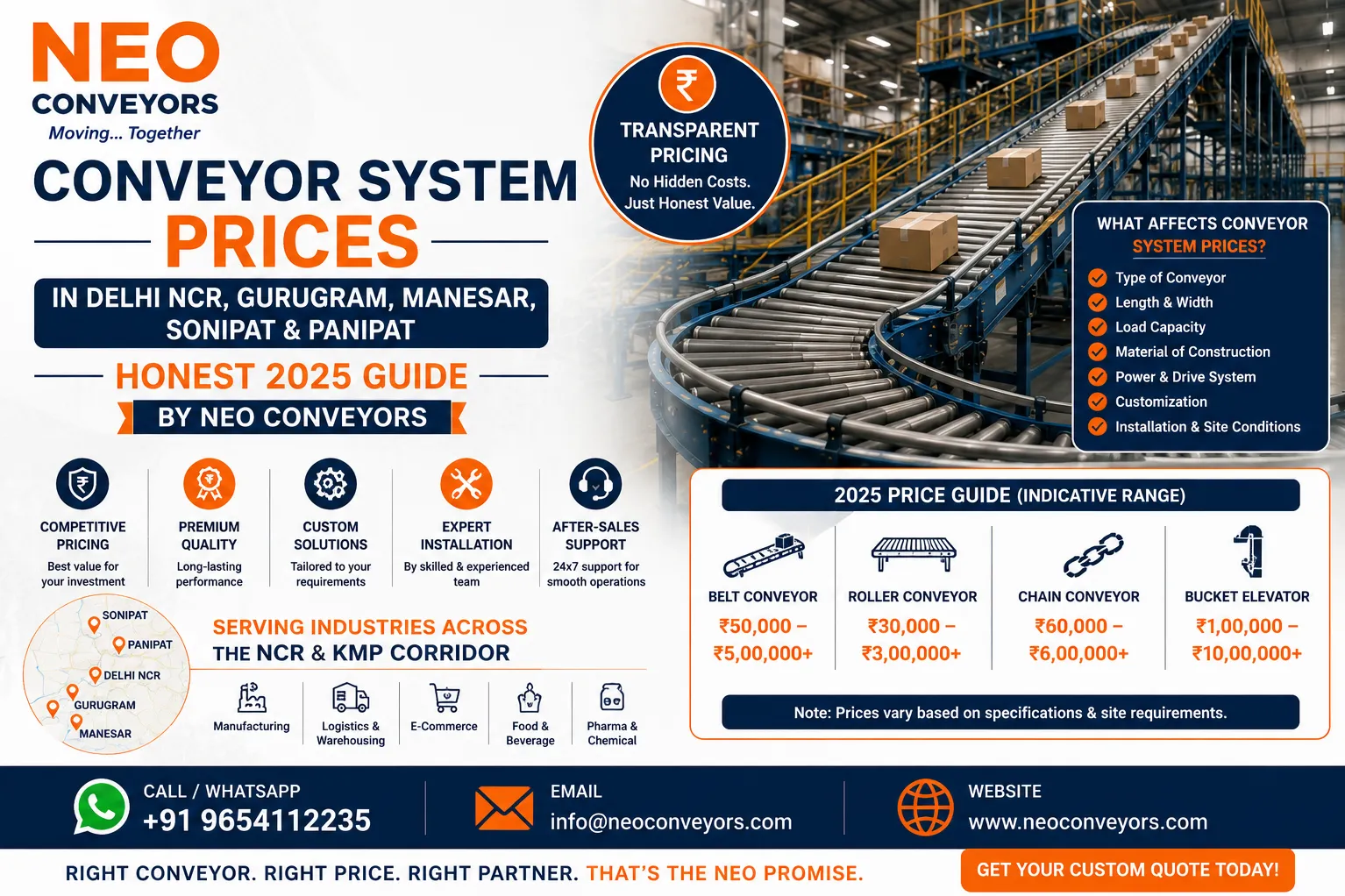 Conveyor System Prices in Delhi NCR, Gurugram, Manesar, Sonipat & Panipat — Honest 2025 Guide by Neo
