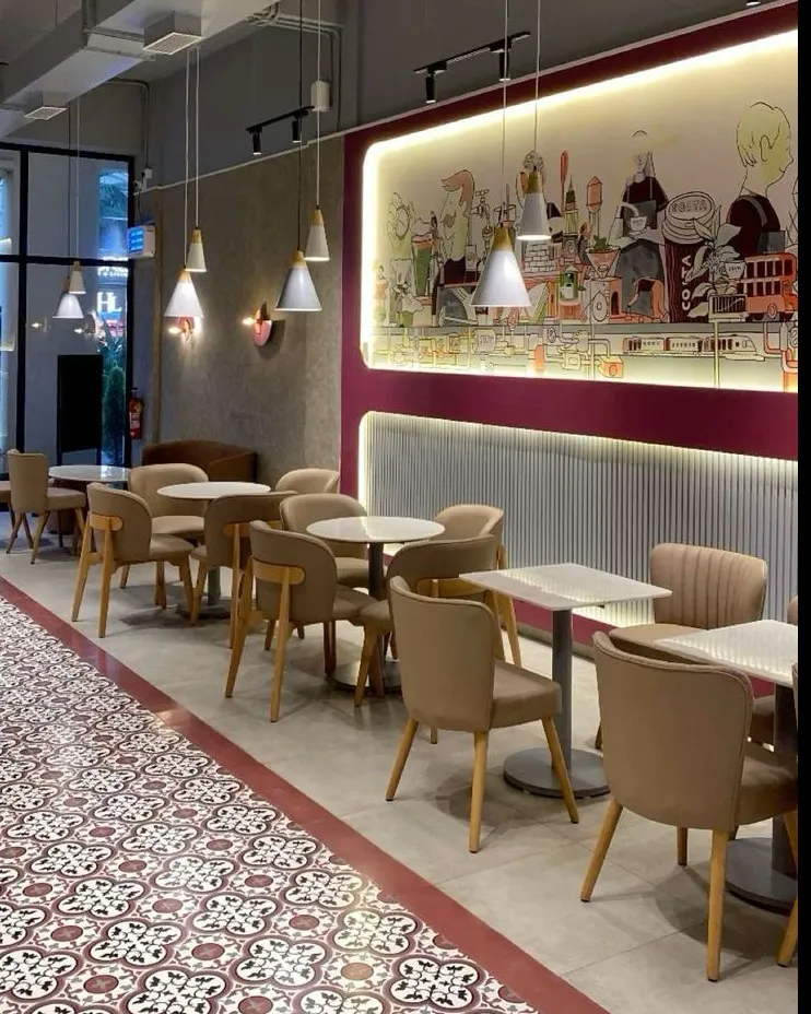 Cafe Interior Design with Artistic Feature Wall