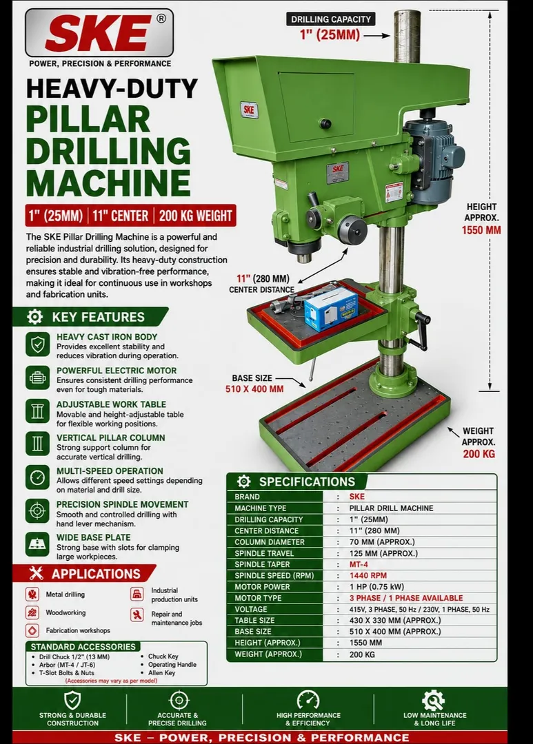 The 25mm Pillar Drill Machine is designed for precision drilling in materials such as mild steel, ca...