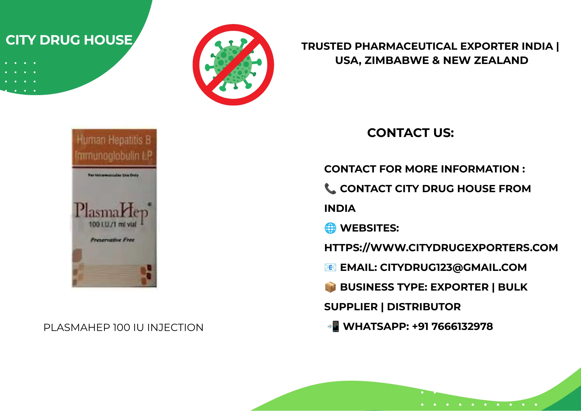 Plasmahep 100 IU Injection Exporter to USA, Zimbabwe & NZ | City Drug House INDIA