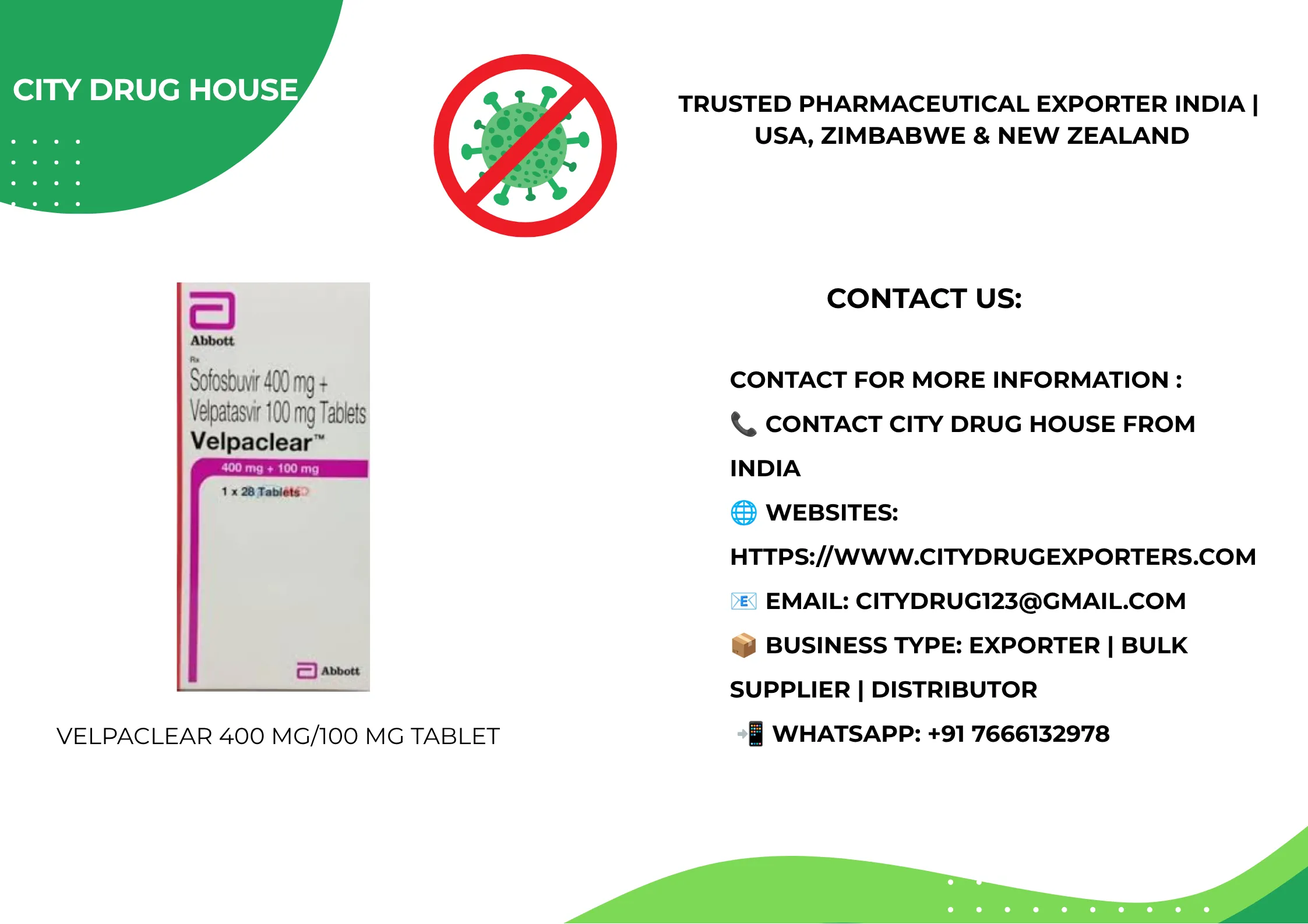 Velpaclear 400 mg/100 mg tablet Exporter to USA, Zimbabwe & NZ | City Drug House INDIA