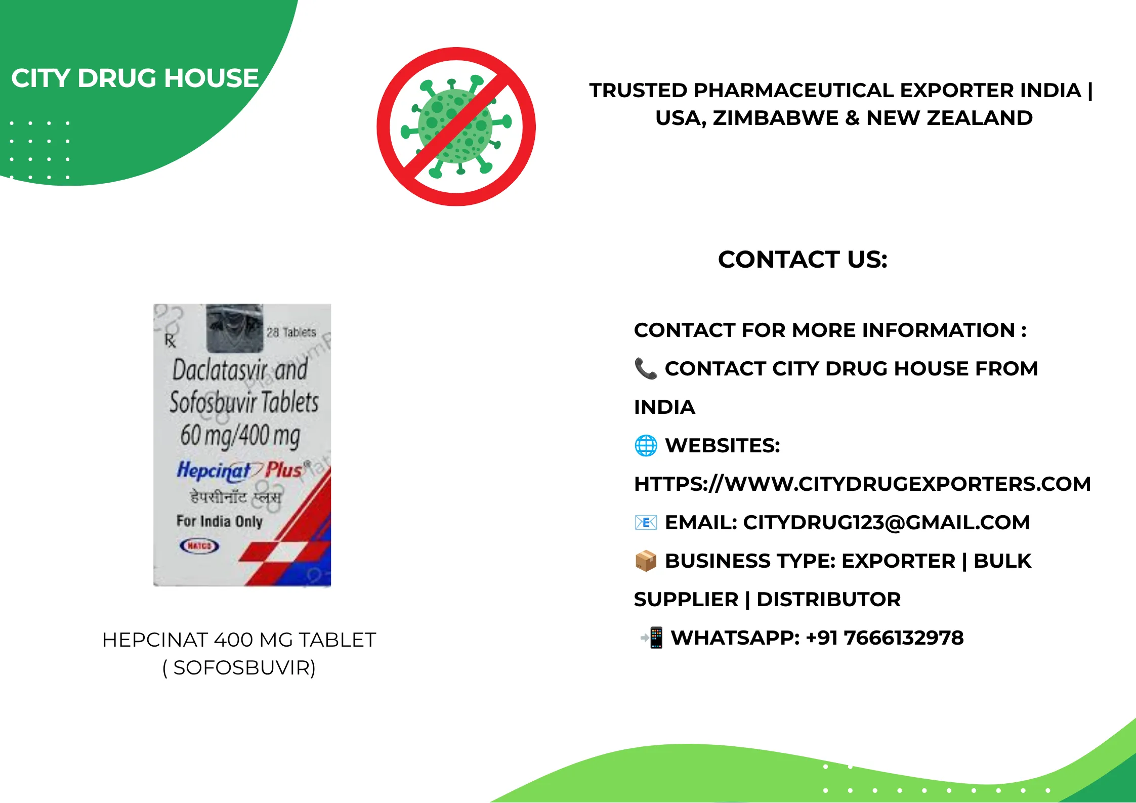 Hepcinat 400 mg tablet ( Sofosbuvir ) Exporter to USA, Zimbabwe & NZ | City Drug House INDIA