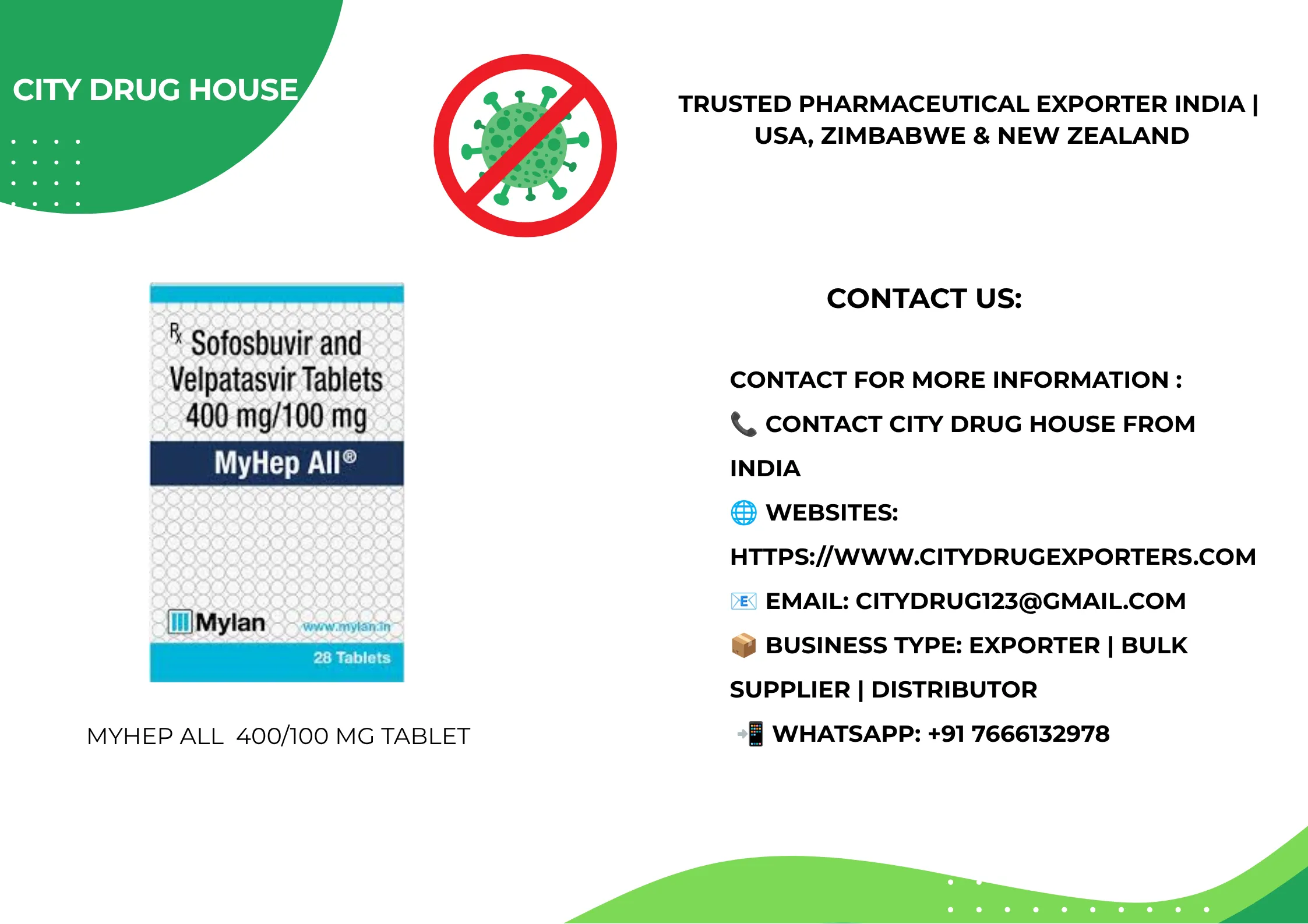 Myhep All 400/100 mg tablet Exporter to USA, Zimbabwe & NZ | City Drug House INDIA