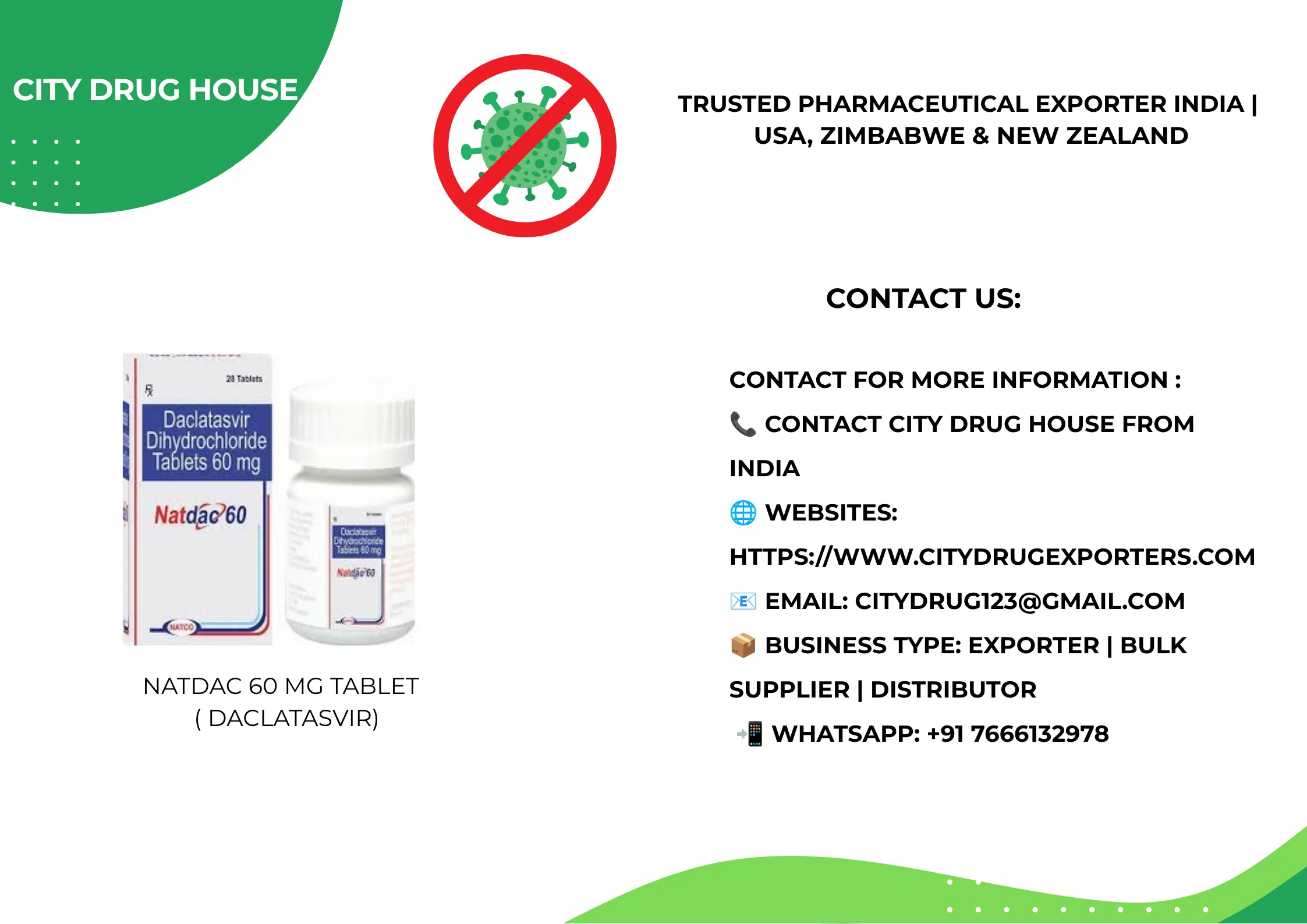 Natdac 60 mg tablet ( Daclatasvir) Exporter to USA, Zimbabwe & NZ | City Drug House INDIA