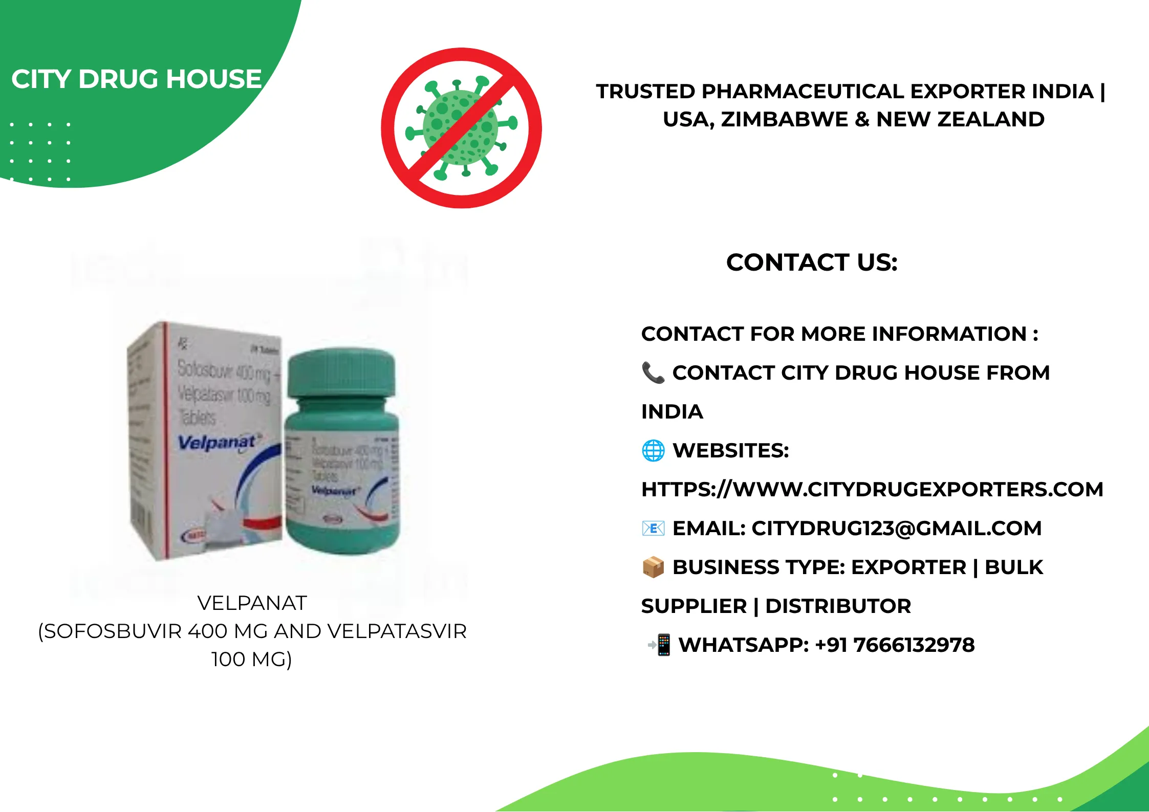 Velpanat Exporter to USA, Zimbabwe & NZ | City Drug House INDIA