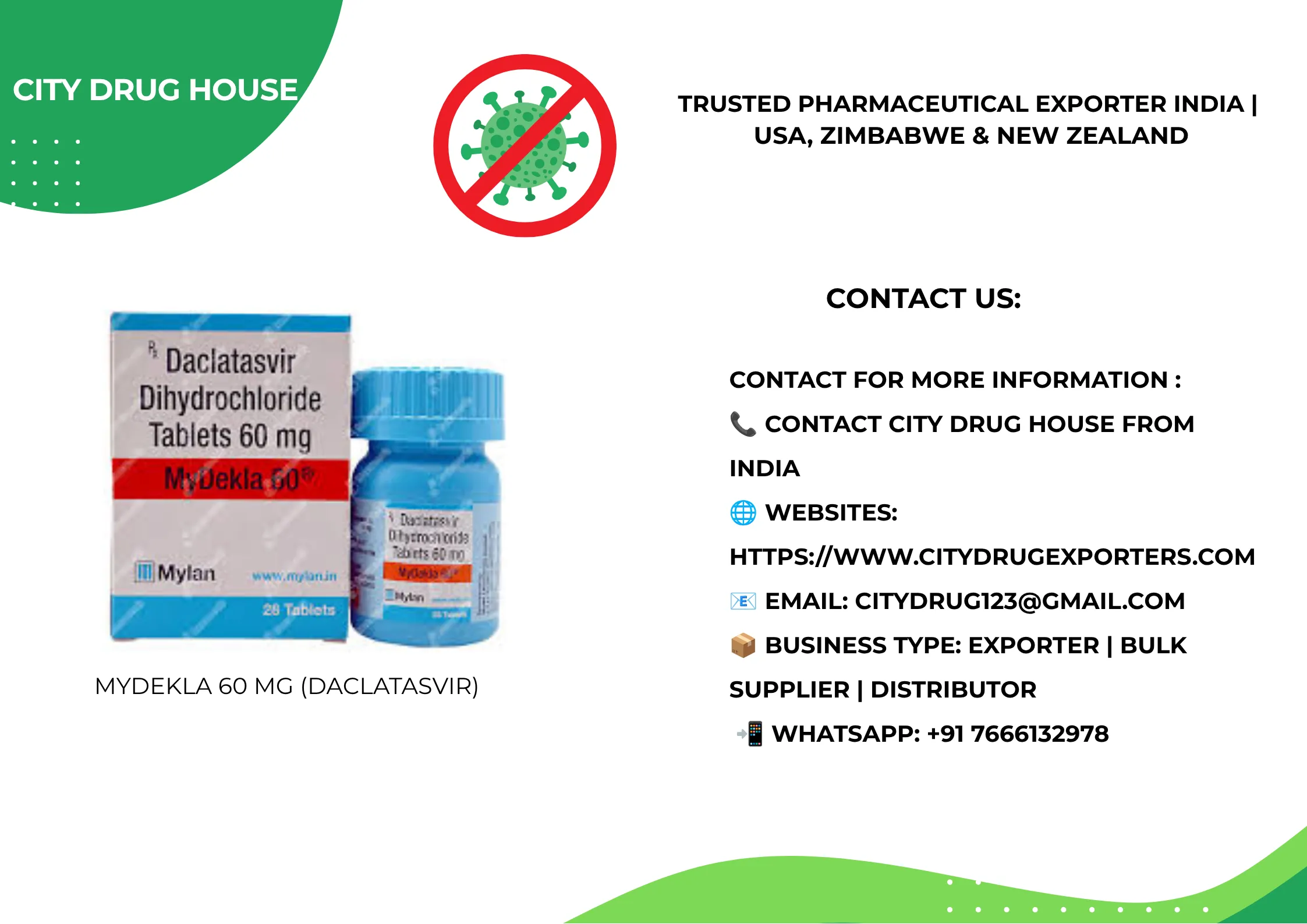 Mydekla 60 mg (Daclatasvir) Exporter to USA, Zimbabwe & NZ | City Drug House INDIA