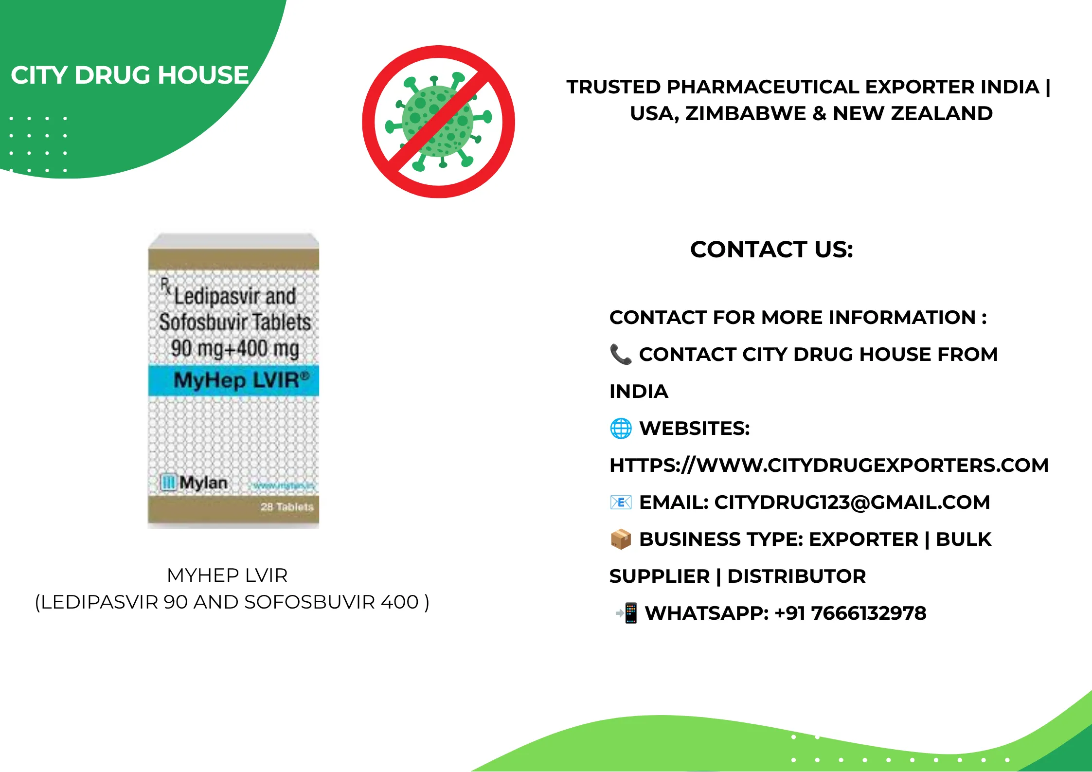 Myhep Lvir (Ledipasvir 90 and Sofosbuvir 400 ), Exporter to USA, Zimbabwe & NZ | City Drug House